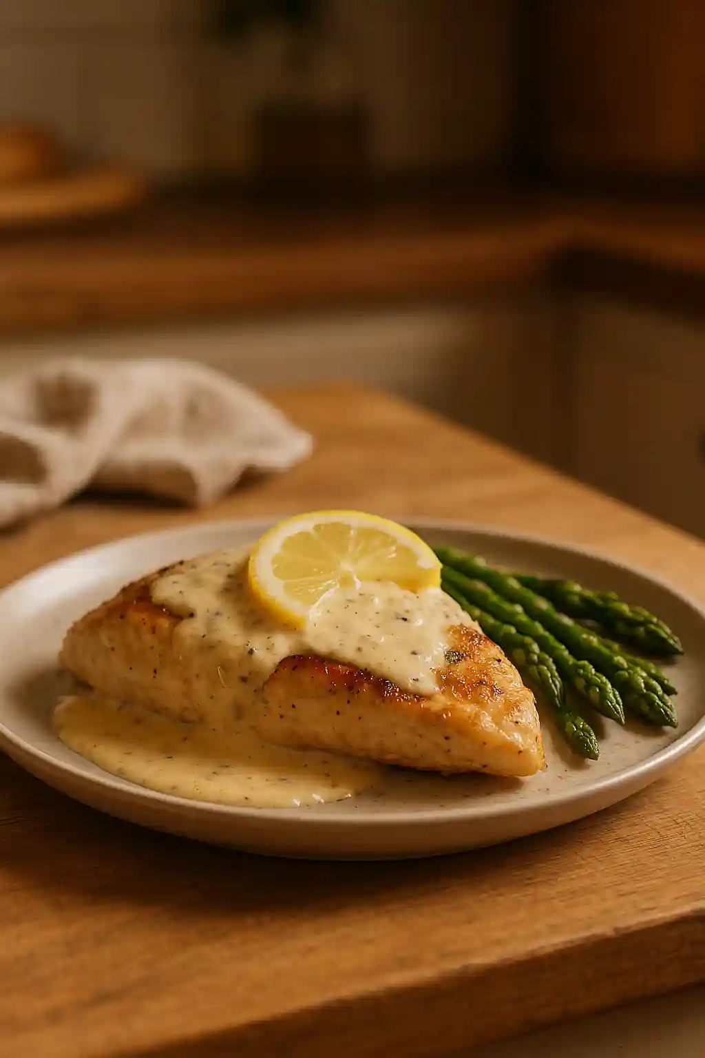 Creamy Lemon Chicken with Asparagus served in a skillet, bright lemon and green asparagus in a silky cream sauce
