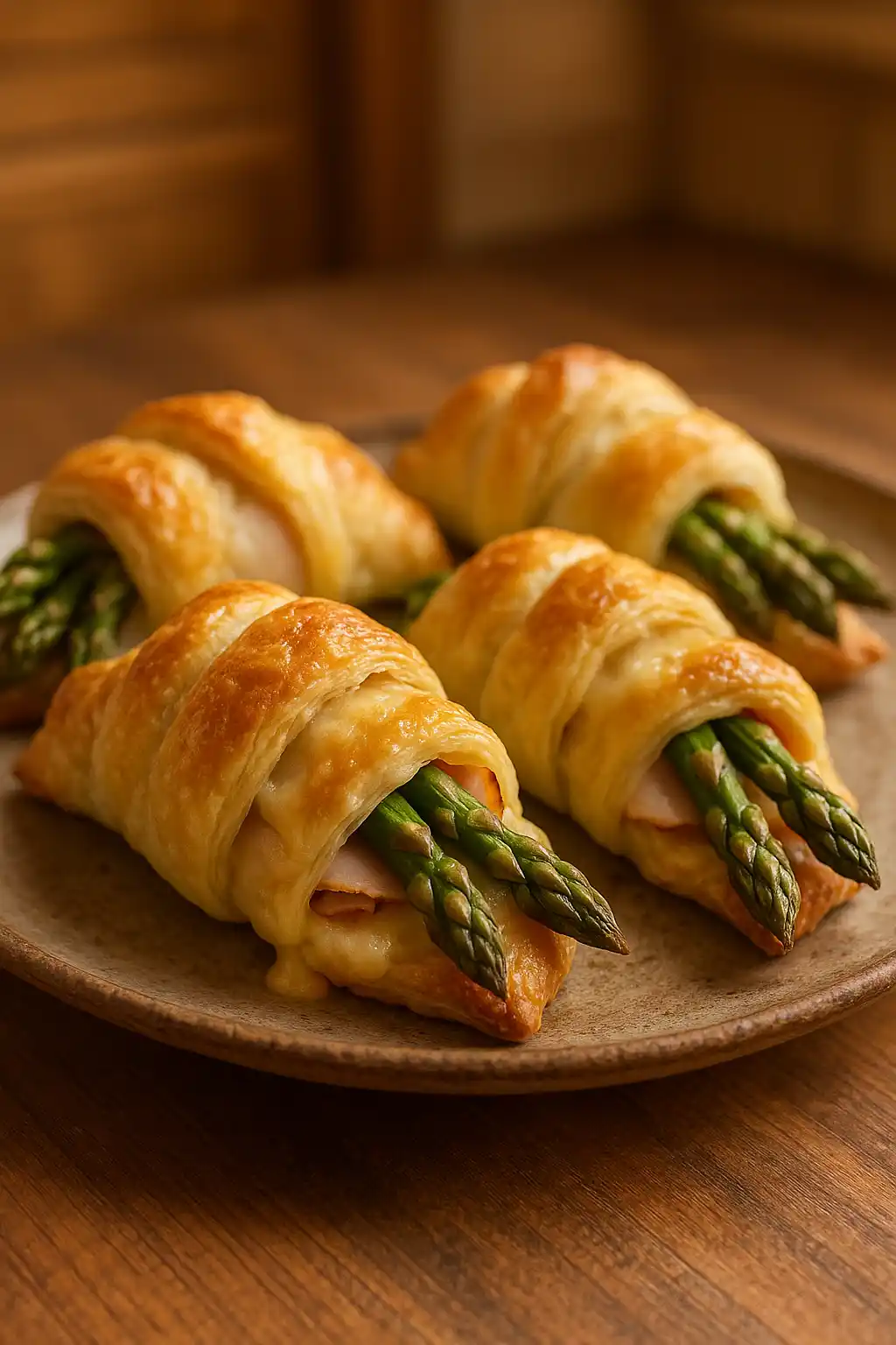 Smoked Turkey Asparagus Puff Pastry Bundles on a rustic plate, golden flaky pastry and tender asparagus, cozy home-style meal