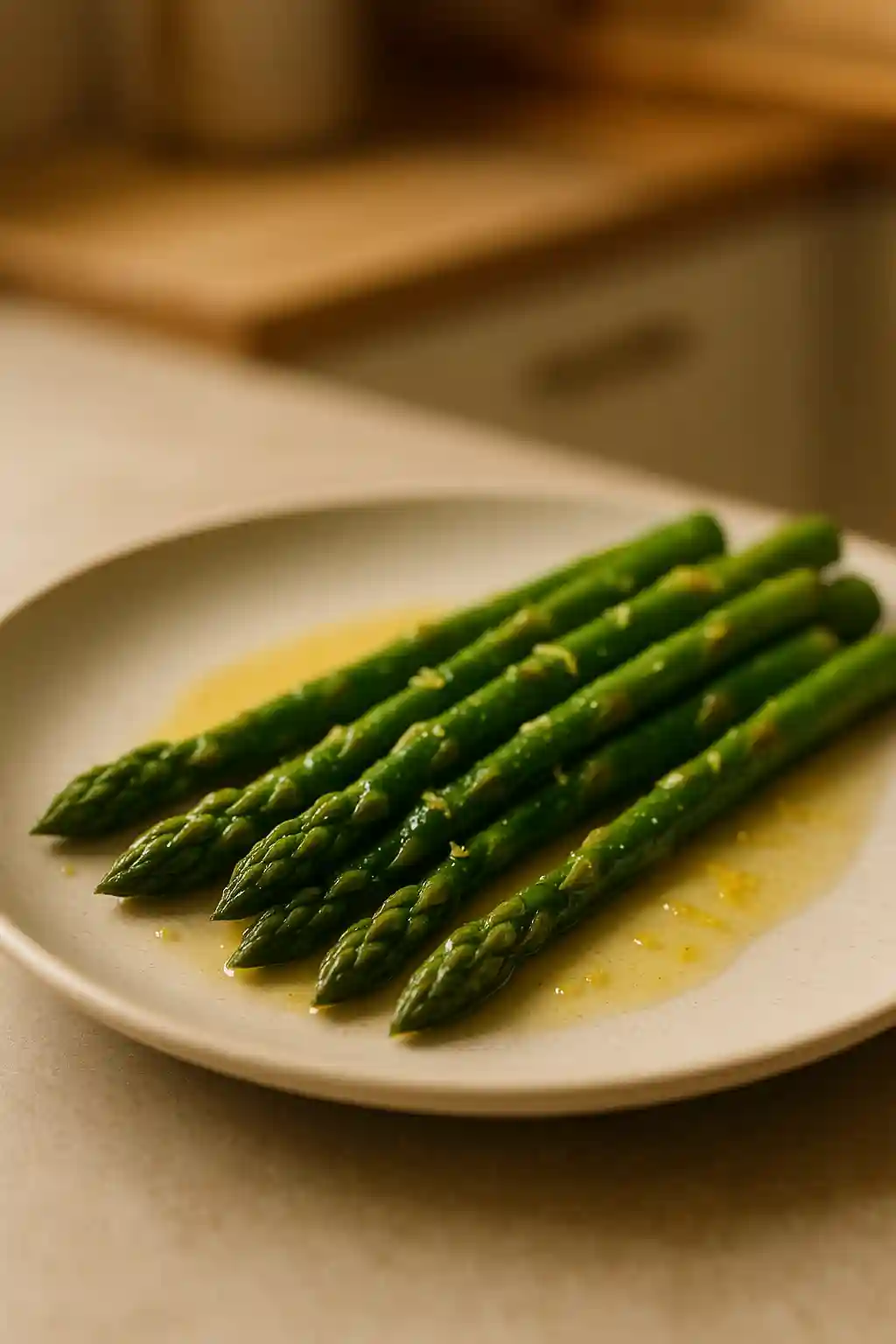 Stovetop Asparagus served with lemon zest and a light butter glaze, bright green spears