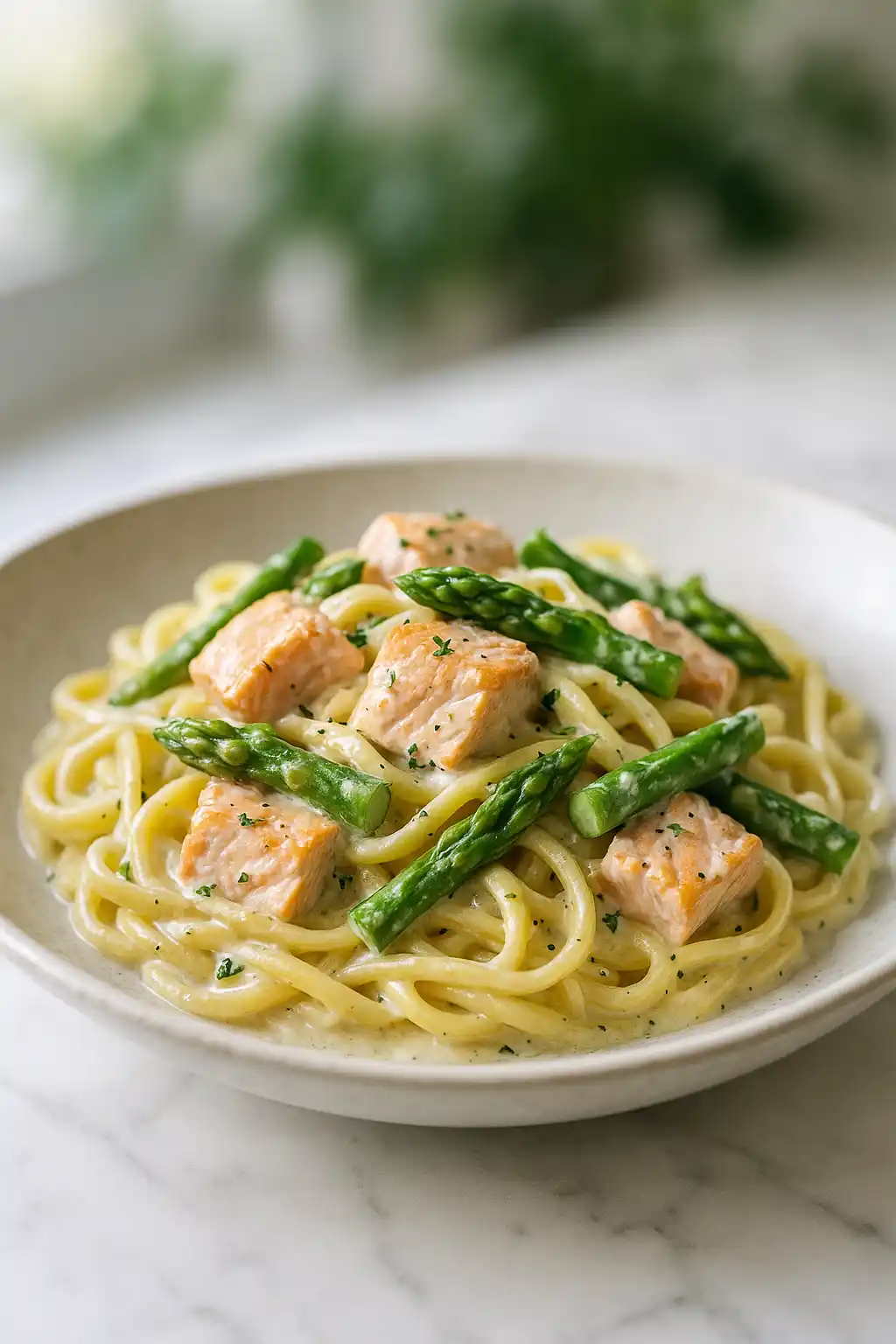 Creamy Salmon and Asparagus Pasta in a bowl with glossy lemon garlic sauce and flaked salmon