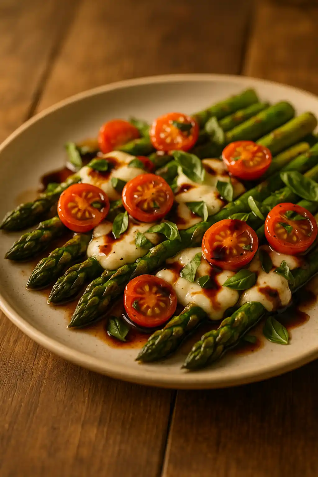 Close up of Caprese Roasted Asparagus with cherry tomatoes, melted mozzarella, basil, and balsamic glaze, warm and inviting
