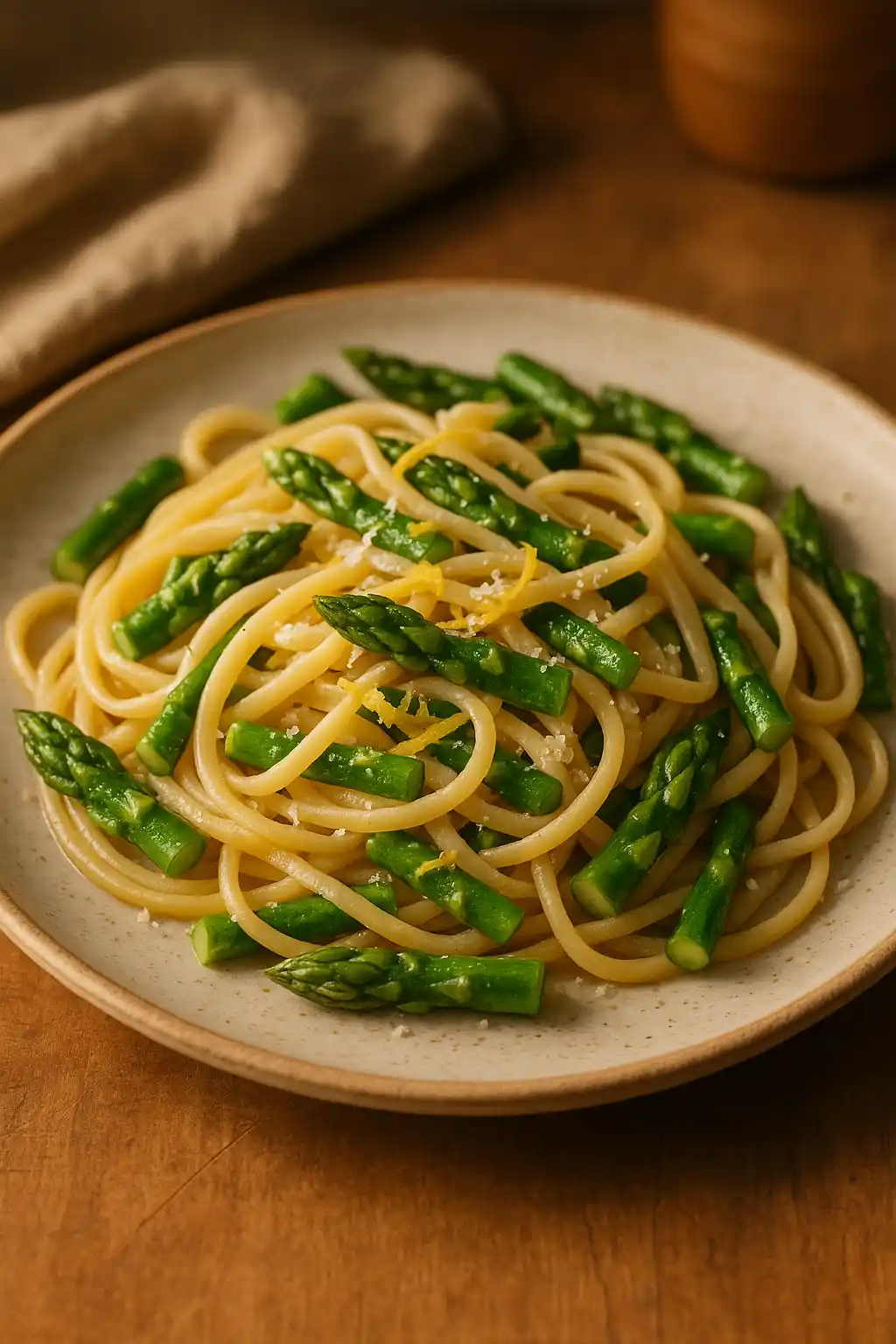 Healthy Asparagus Pasta with Lemon and Parmesan on a cozy plate, bright lemon zest and grated Parmesan, warm kitchen feel