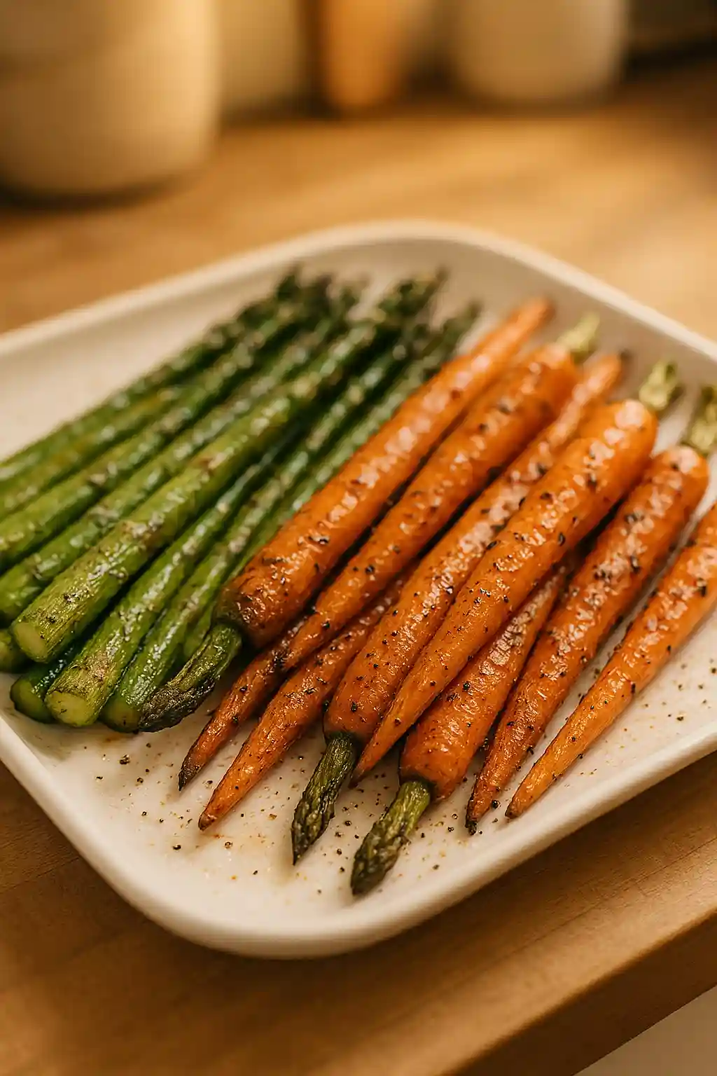 Plated Roasted Asparagus & Carrots with lemon zest and parsley, simple cozy side dish