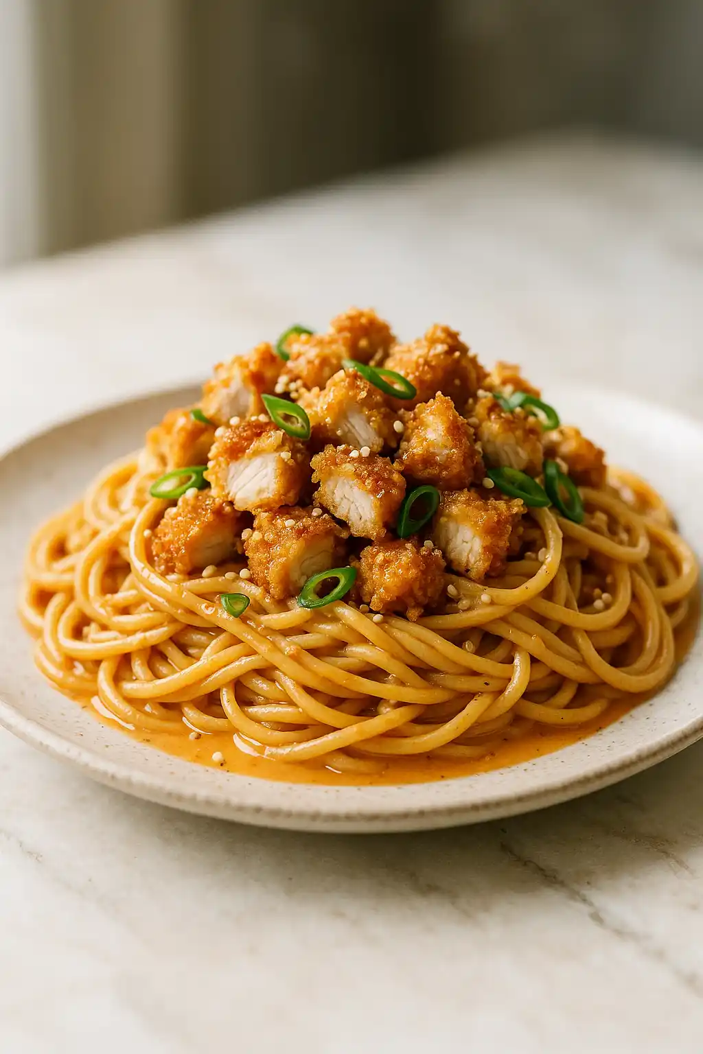 Bang Bang Chicken Pasta plated with glossy spicy sauce, scallions, and sesame seeds
