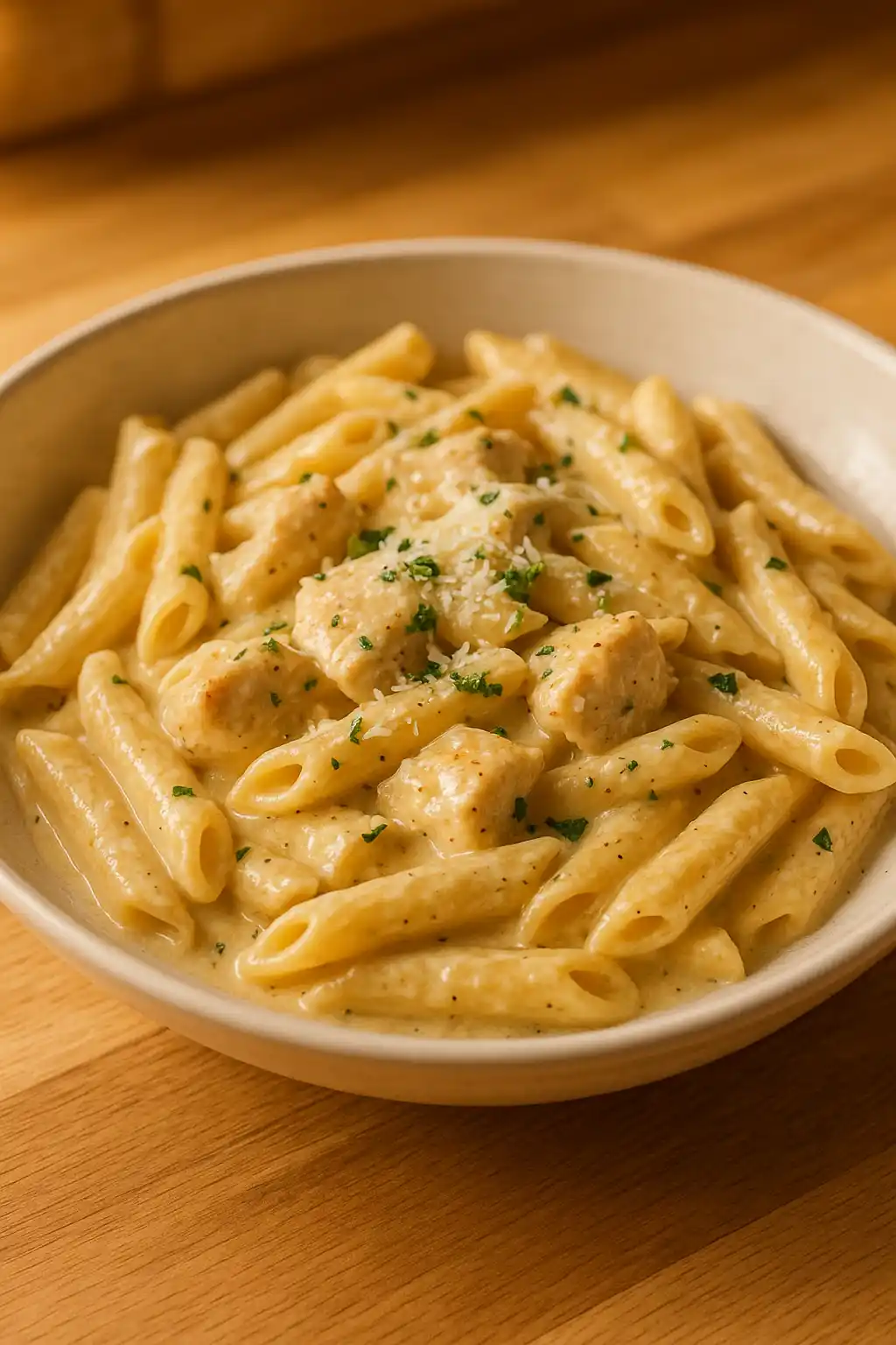 Creamy Parmesan Chicken Penne served in a warm bowl, rich parmesan cream sauce and tender chicken, inviting home style comfort