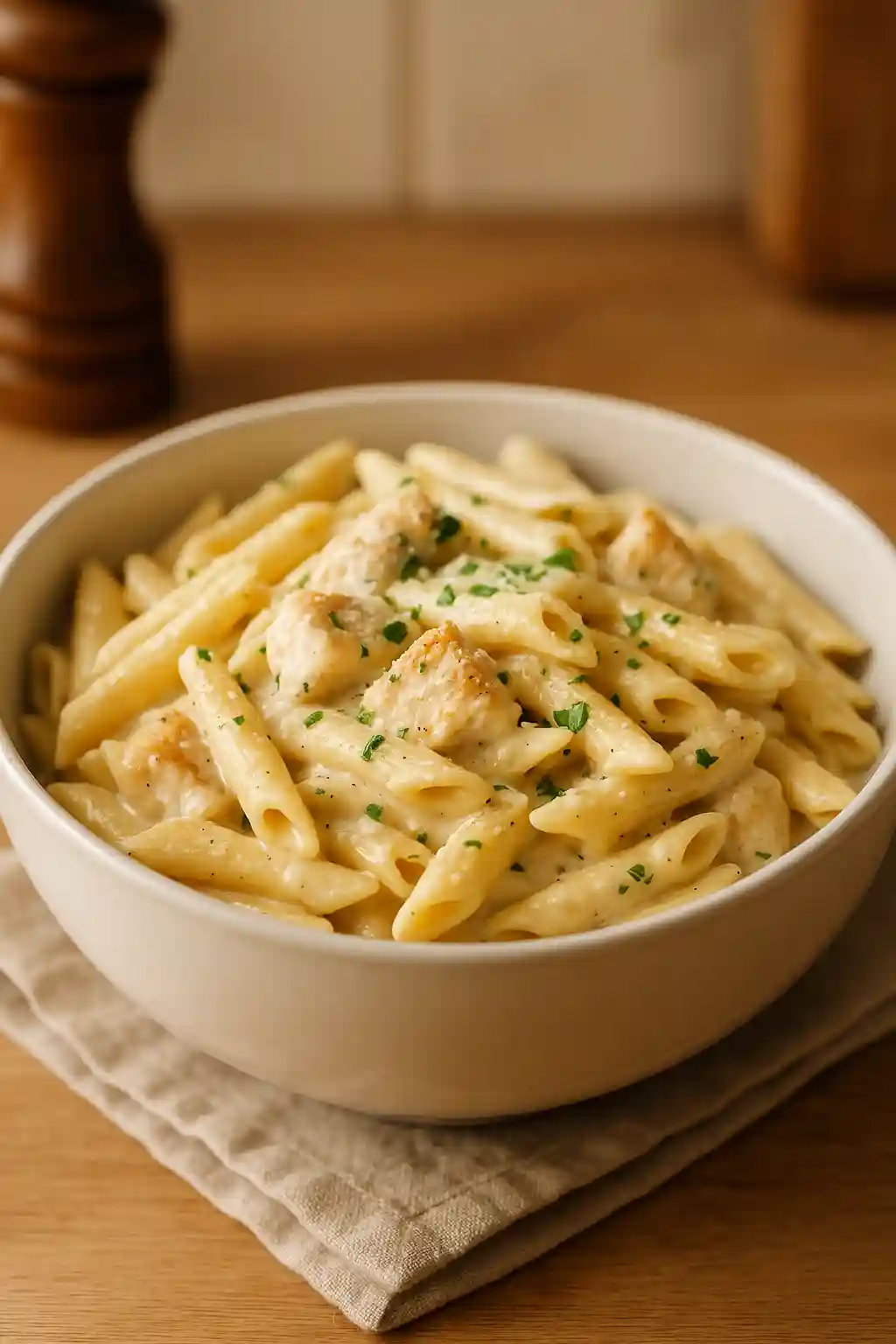 Bowl of Creamy Chicken Penne with Parmesan and parsley, rich silky sauce