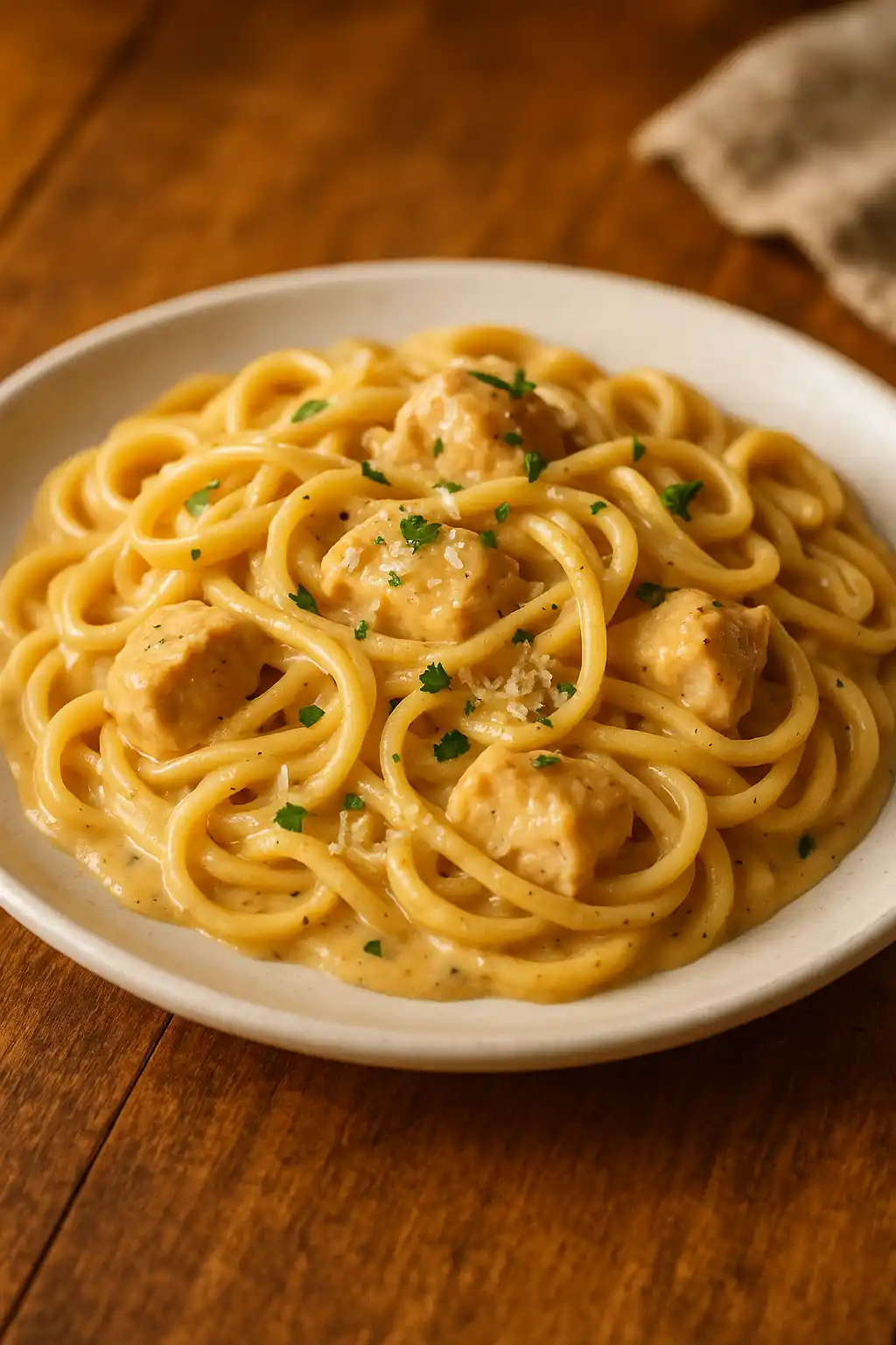 Creamy One-Pot Chicken Pasta served in a cozy kitchen, warm and comforting, perfect family weeknight meal