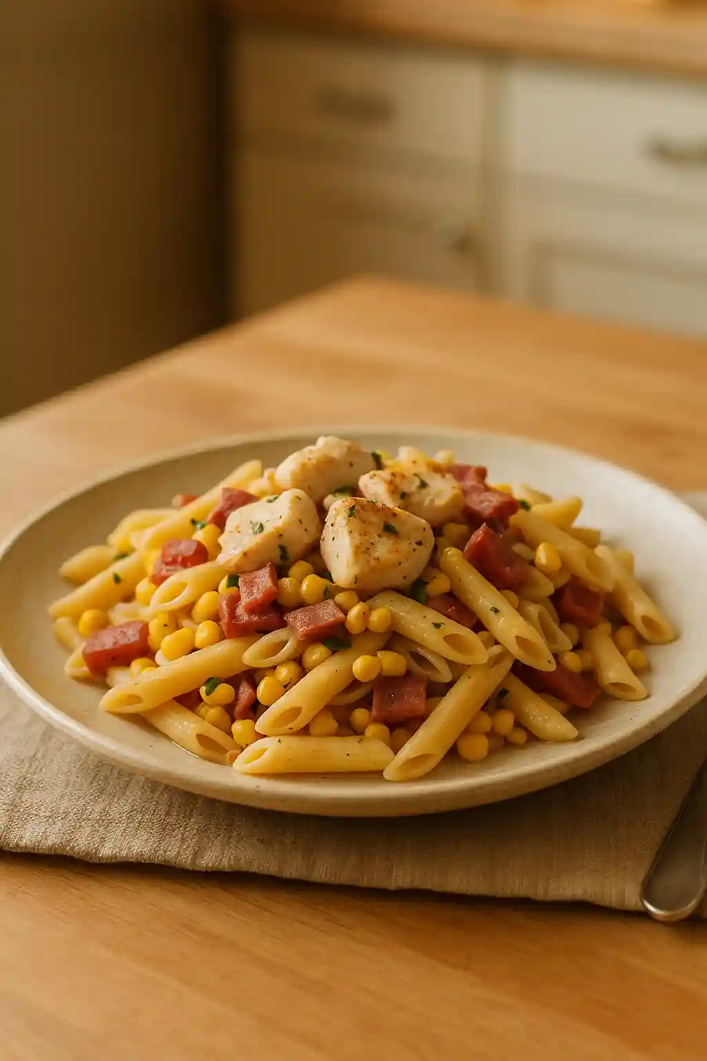 Close-up of Chicken Pasta with Corn and Smoked Turkey Bacon in a shallow bowl, creamy sauce and smoked turkey bacon pieces visible