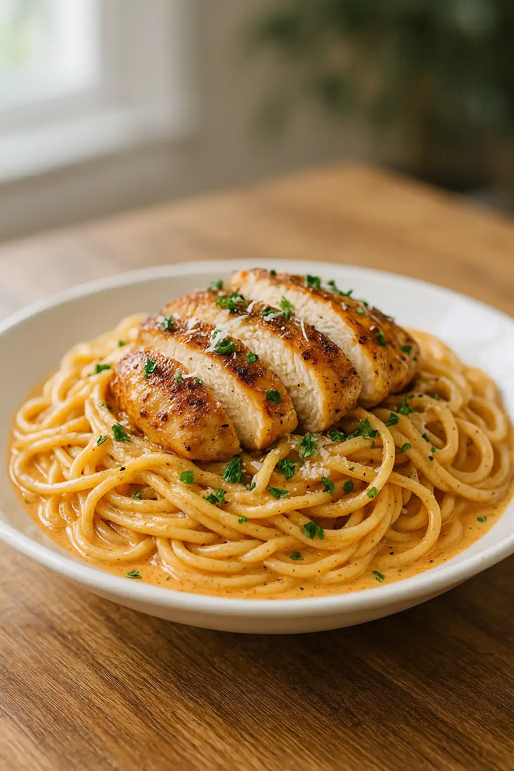 Garlic Parmesan Chicken Spaghetti in Cajun Cream Sauce plated with seared chicken and grated Parmesan