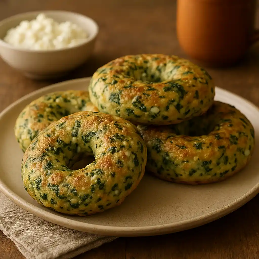 Easy Spinach Cottage Cheese Flat Bagels on a plate, warm and cozy, family friendly comfort food