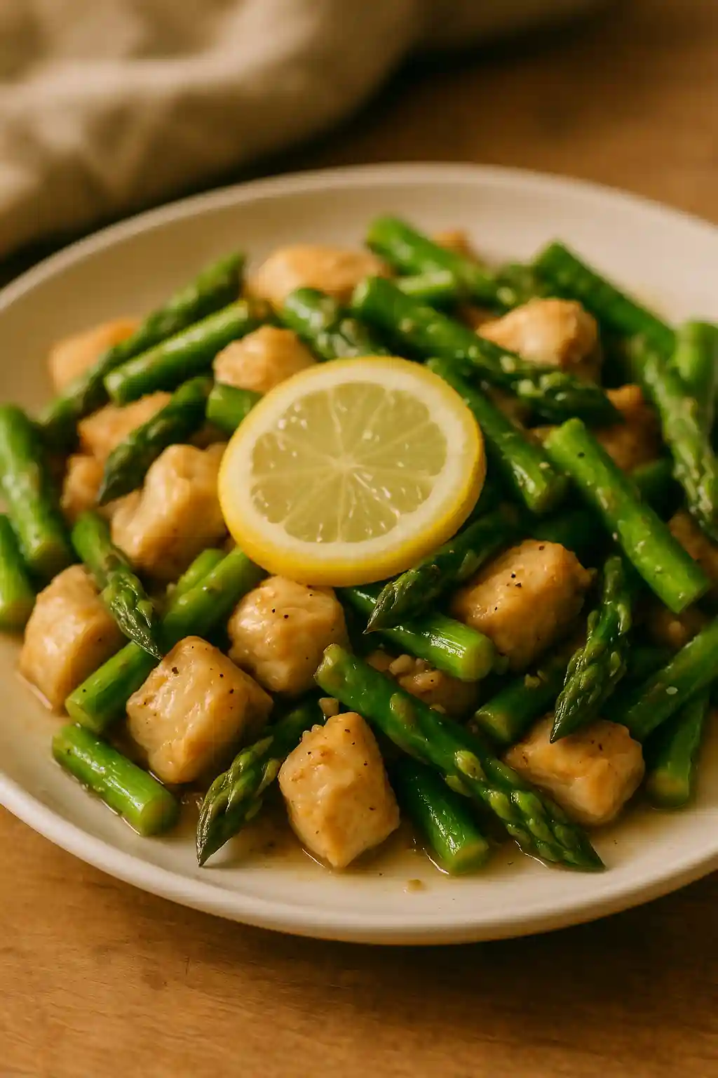 Close up of Lemon Chicken Asparagus Stir-Fry with bright lemon glaze and tender asparagus