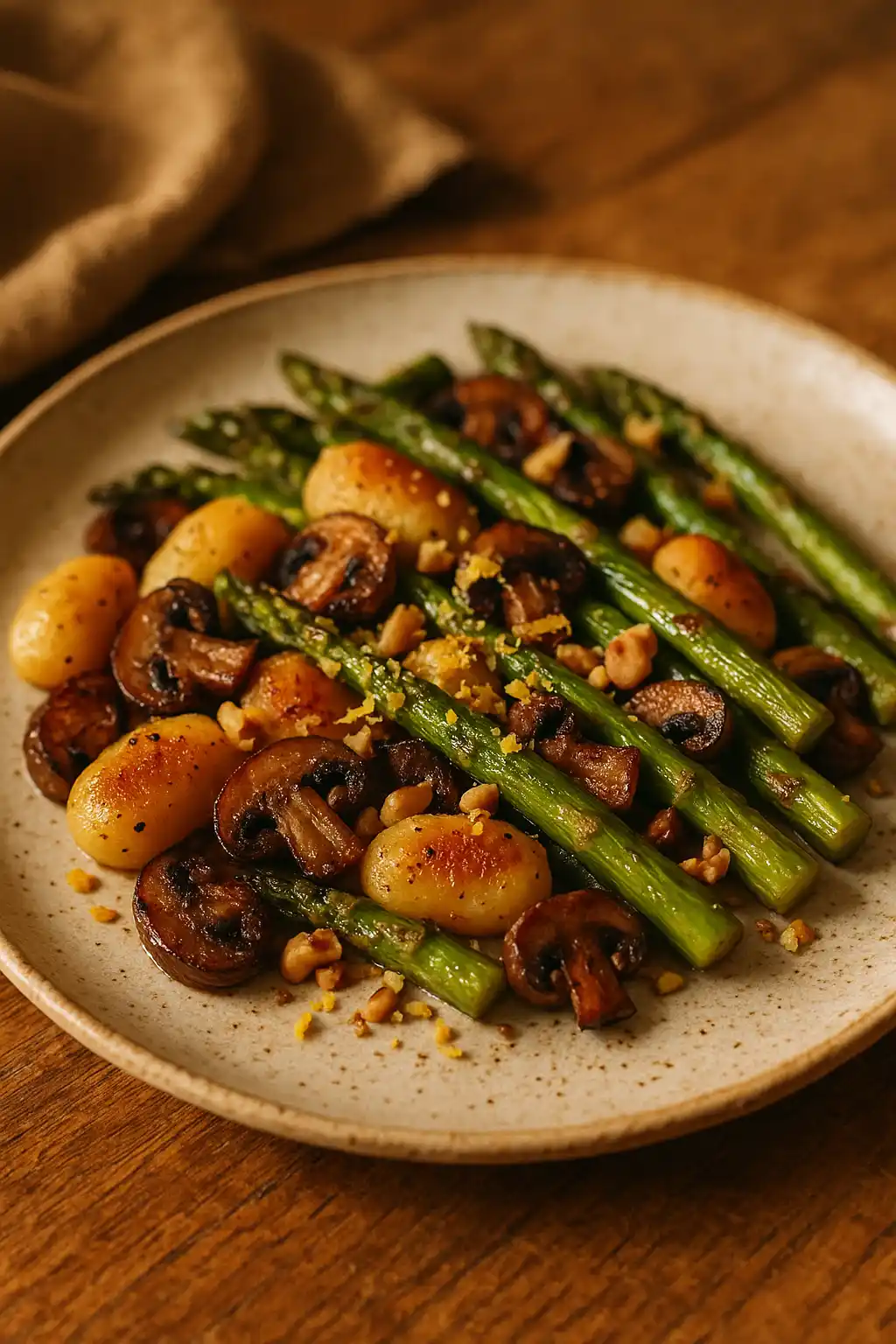 Sheet Pan Asparagus Mushroom Gnocchi with roasted asparagus, caramelized mushrooms, and golden gnocchi, a warm family-style weeknight meal