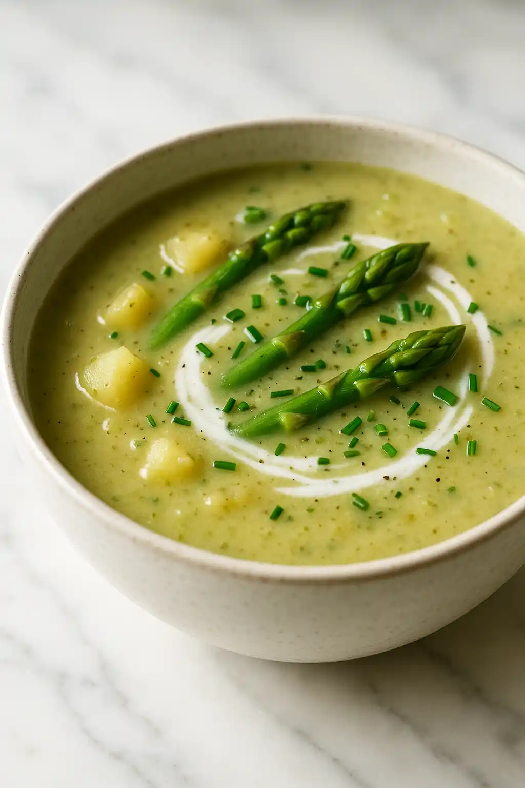 Bowl of Asparagus Potato Soup (Vegan Adaptable) with chives and toasted crumbs, creamy green texture