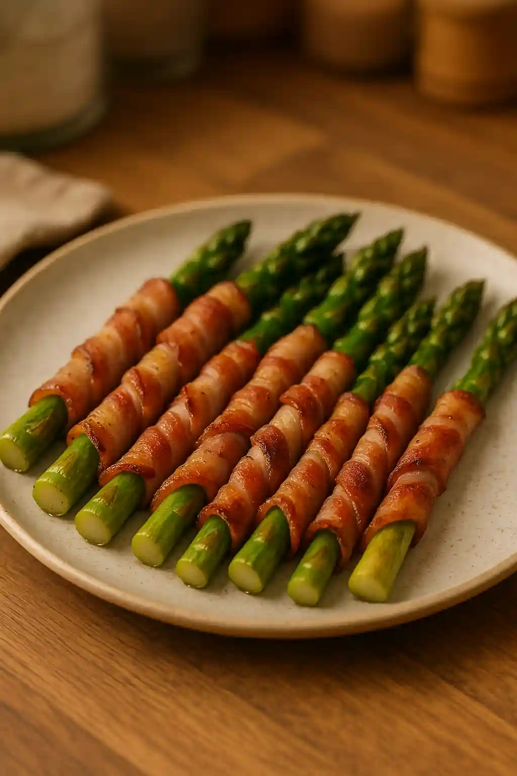 Close-up of Smoked Turkey Wrapped Asparagus on a simple plate, warm kitchen lighting, smoky and lemony notes