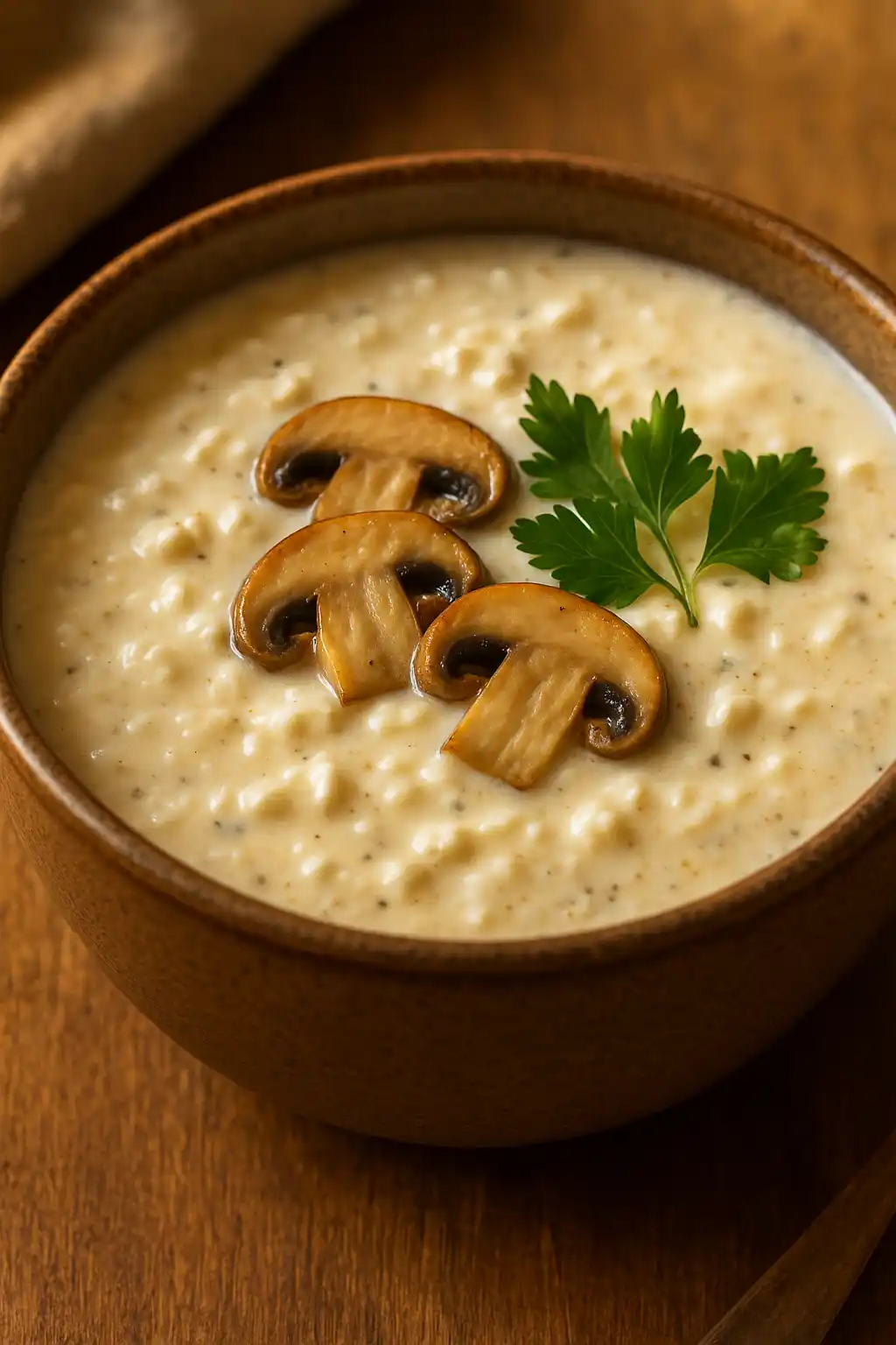 Cottage Cheese Mushroom Soup for Cozy Weeknights 1 Bowl of Cottage Cheese Mushroom Soup with sliced mushrooms and parsley, warm and inviting