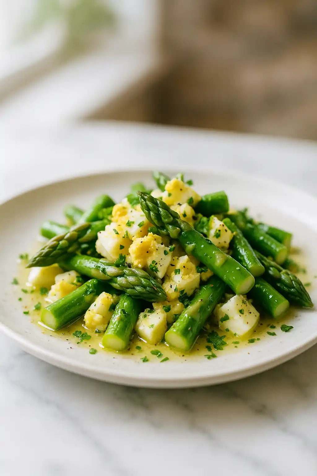 Asparagus Egg Salad: Bright, Crunchy Brunch Magic 1 Asparagus Egg Salad with bright lemon Dijon dressing and chopped eggs on a rustic plate, garnished with chives