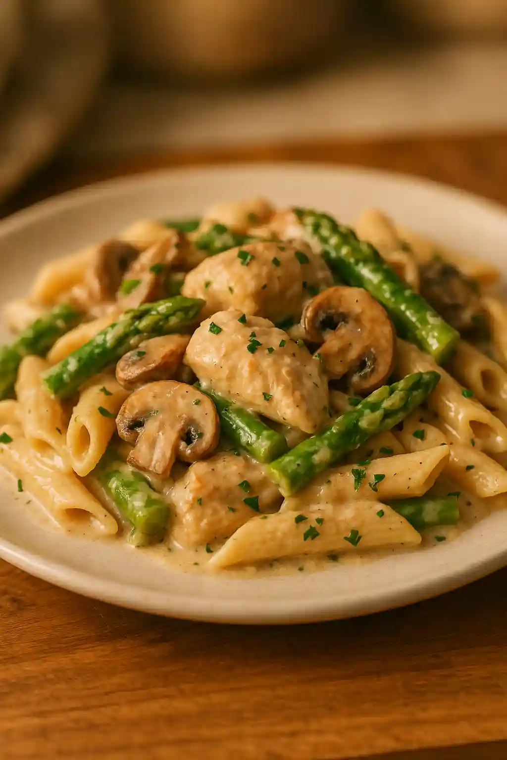 Creamy Mushroom and Asparagus Chicken Penne Recipe 1 Creamy Mushroom and Asparagus Chicken Penne in a shallow bowl, creamy sauce with mushrooms and asparagus, warm and homey, Creamy Mushroom and Asparagus Chicken Penne