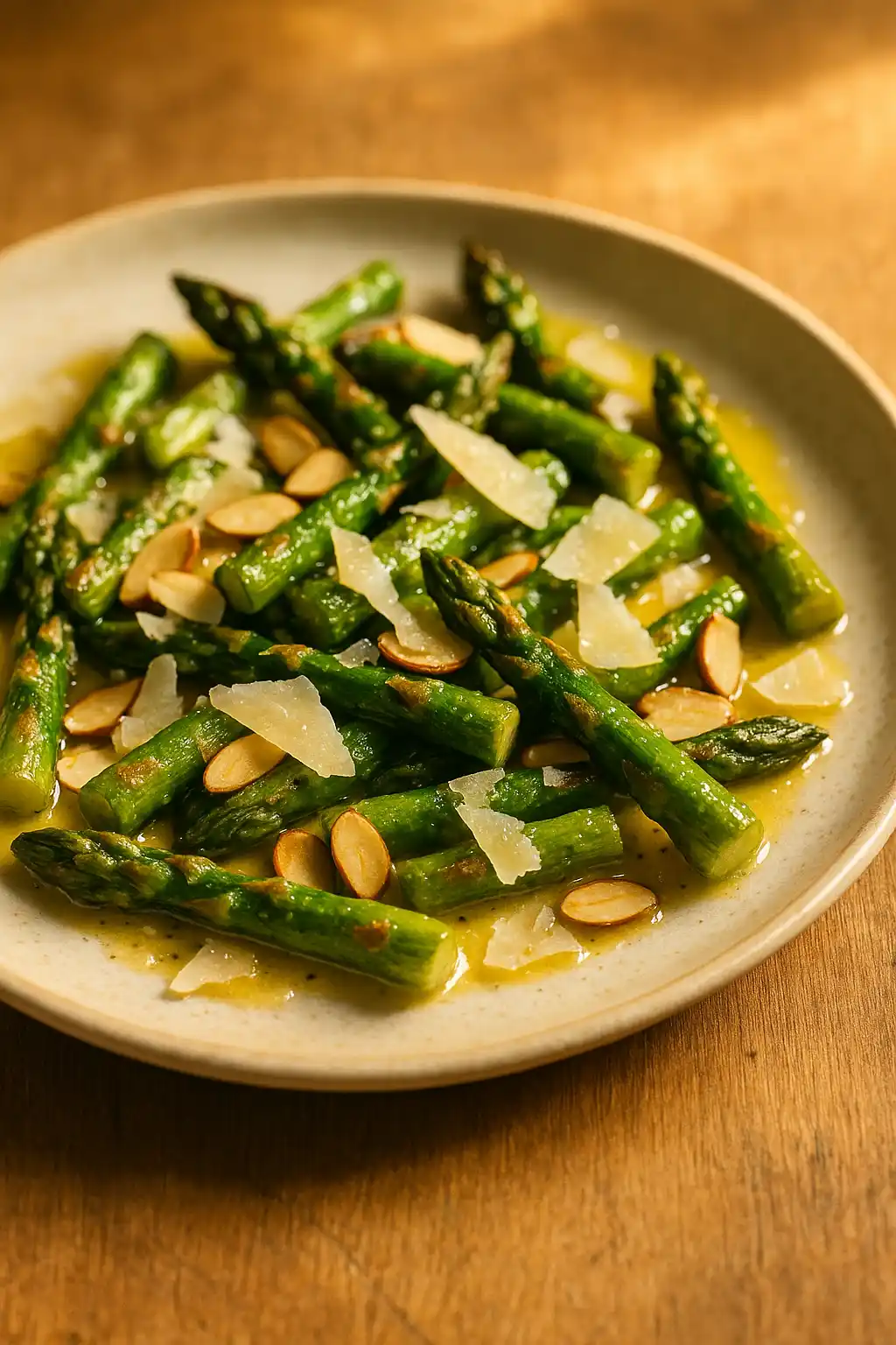Asparagus Salad with Lemon Vinaigrette plated with toasted almonds and Parmesan, cozy home-style presentation