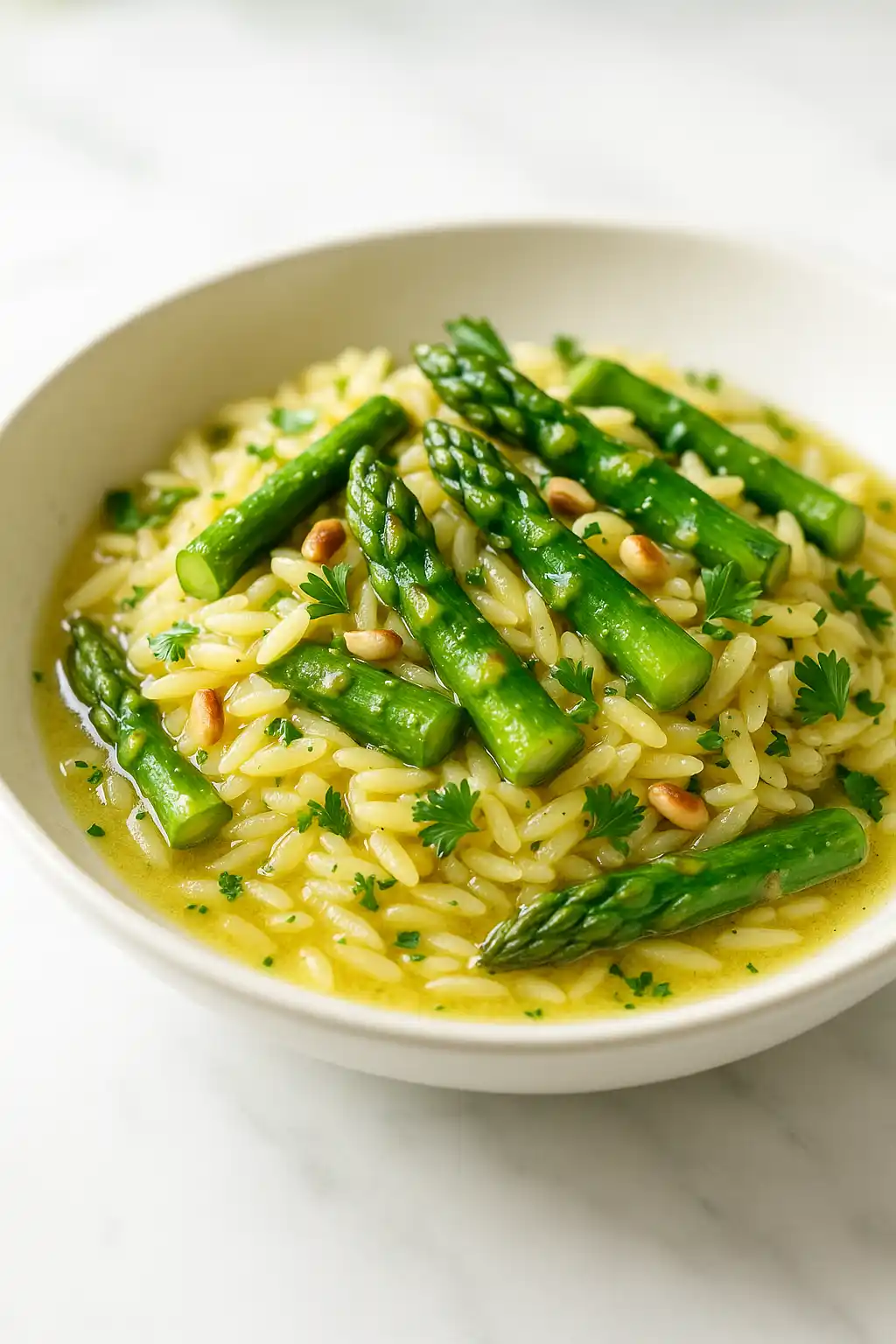 Orzo with Asparagus That Steals the Show 1 Orzo with Asparagus plated in a white bowl, lemony butter sauce and toasted nuts