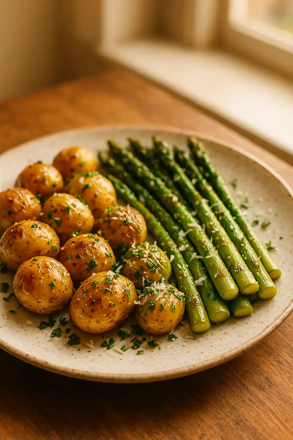 Garlic Potatoes & Asparagus: Cozy Weeknight Side Everyone Loves 1 Roasted Garlic Potatoes & Asparagus plated warm and garnished with parsley and lemon