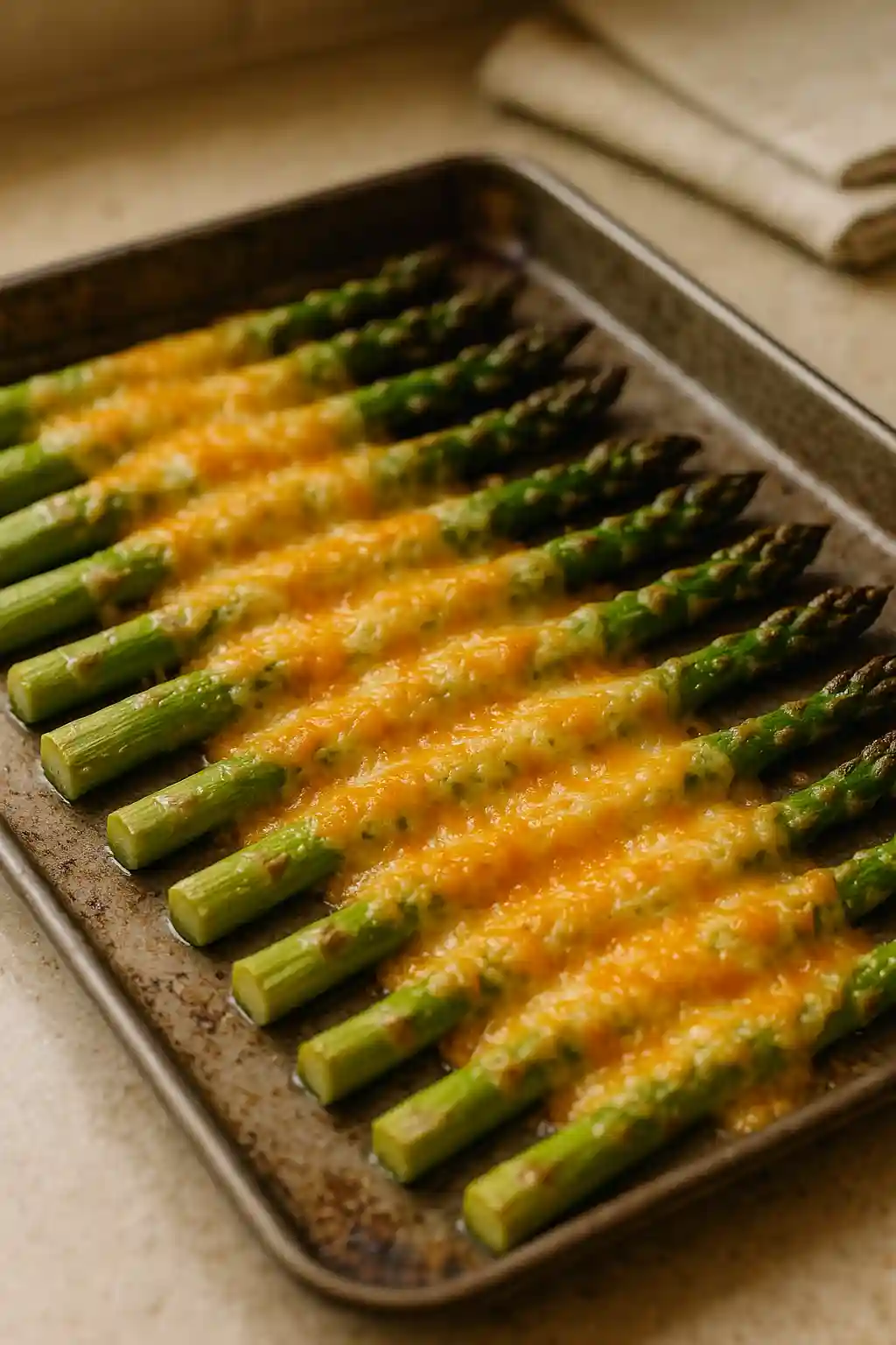 Cheesy Baked Asparagus - Easy Melty Side Dish 1 Close up of Cheesy Baked Asparagus with melted cheddar and Parmesan, golden and tender