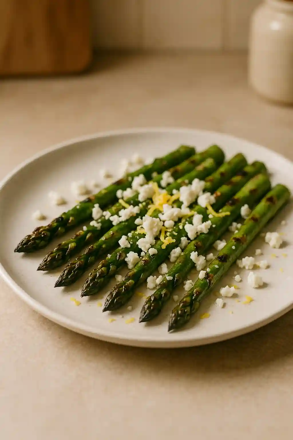 Lemon & Feta Grilled Asparagus, Simple Weeknight Side 1 Close-up of Lemon & Feta Grilled Asparagus with crumbled feta and lemon zest on a white plate