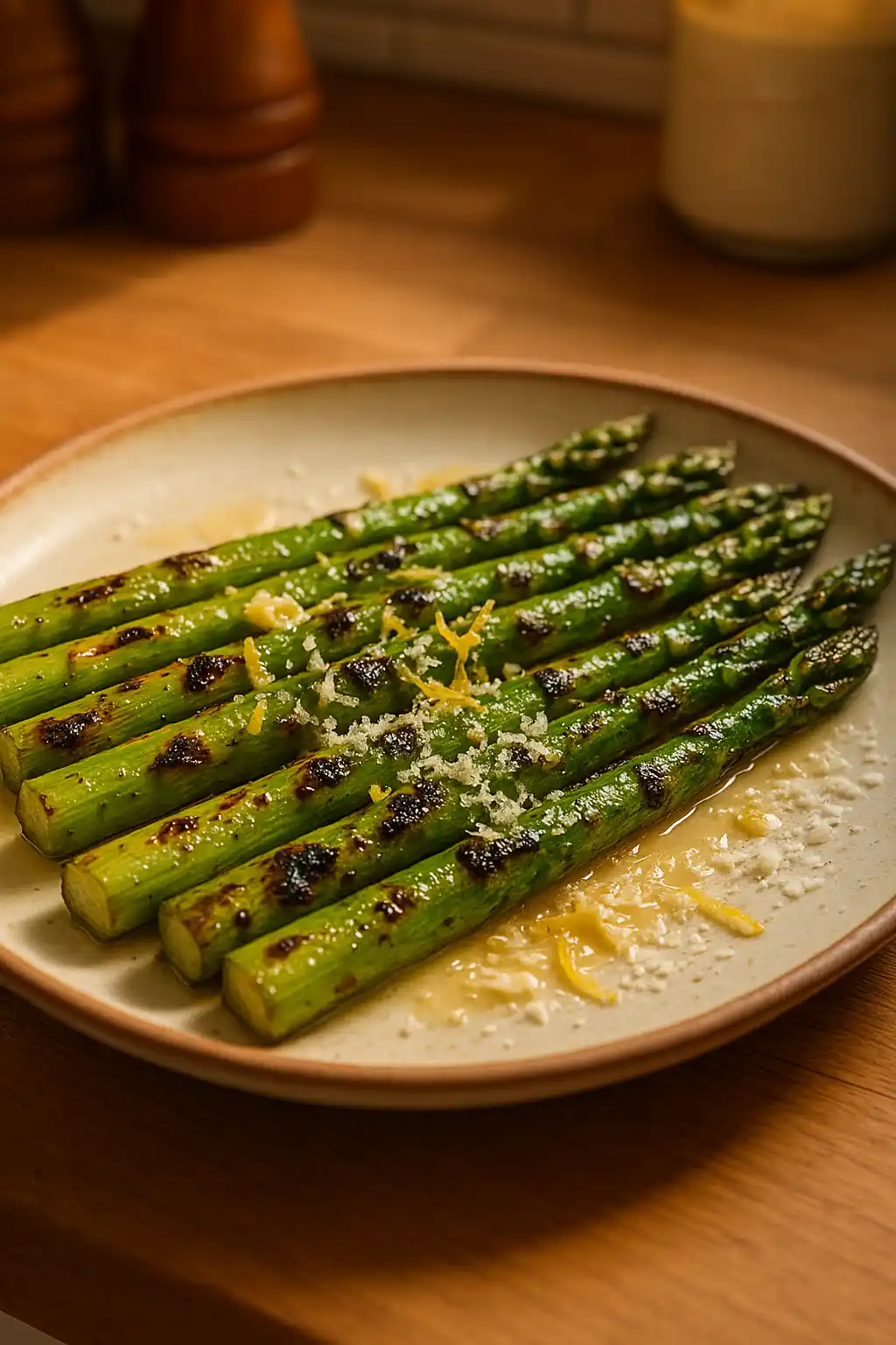 Grilled Asparagus with Garlic Butter, Easy Weeknight Side 1 Plate of Grilled Asparagus with Garlic Butter, bright lemon zest and melted butter, cozy home style side dish