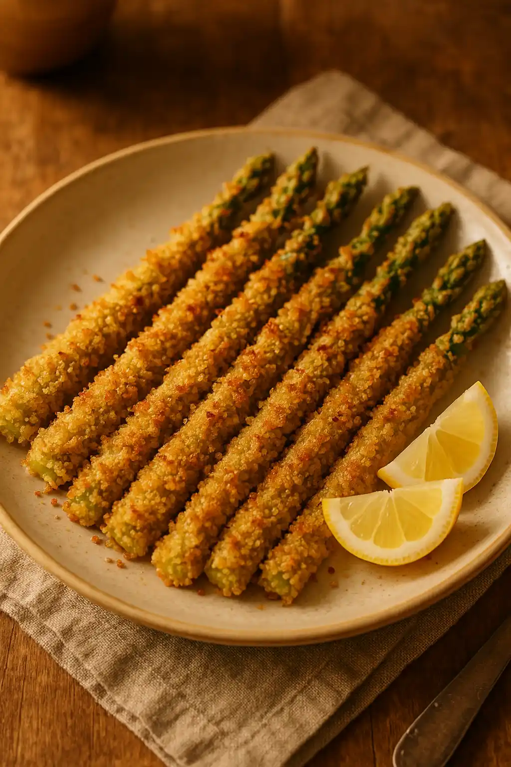 Crispy Breaded Asparagus for Cozy Weeknights 1 Plate of crispy Breaded Asparagus with lemon wedges, warm home-kitchen lighting