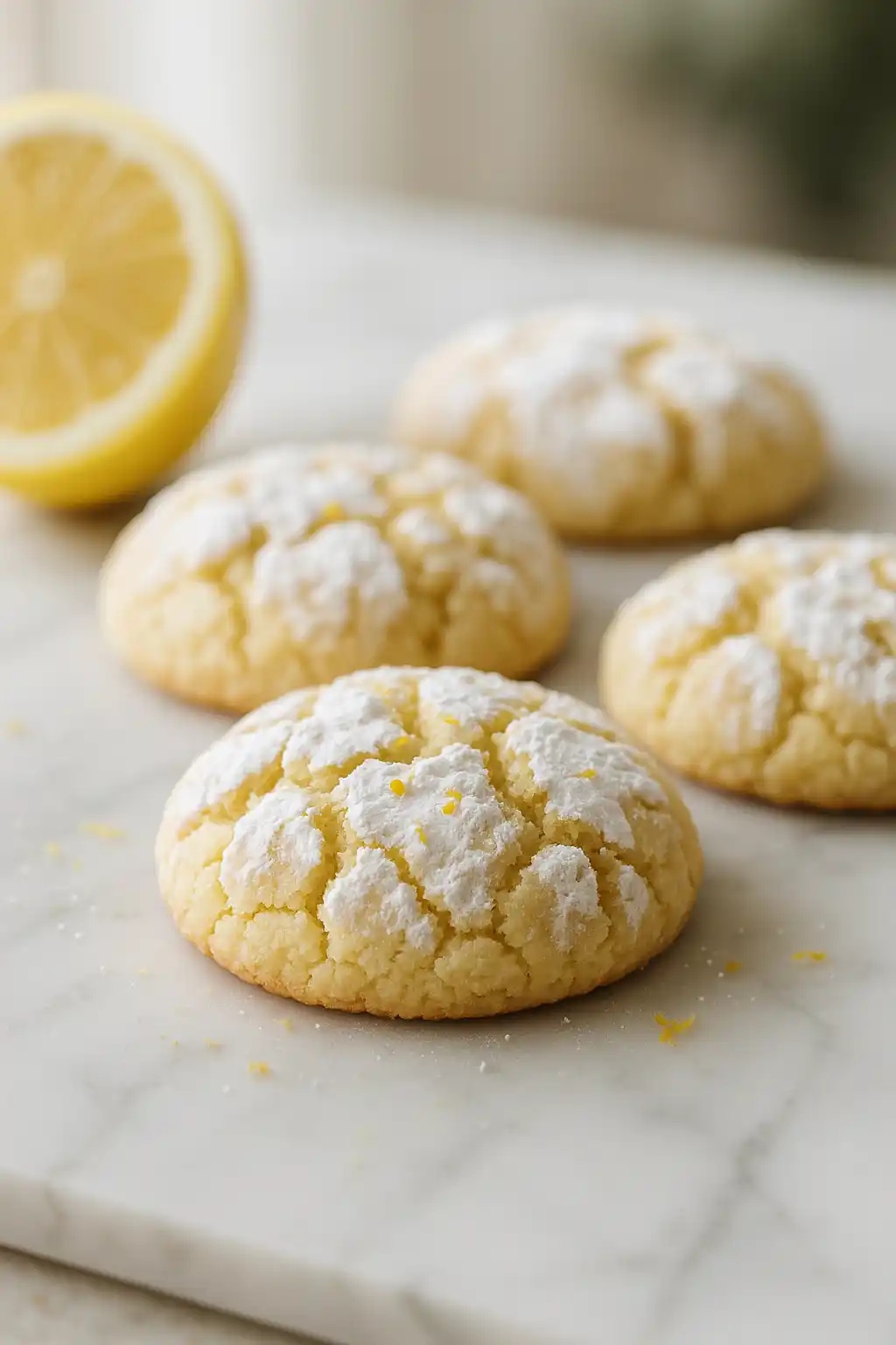Lemon Crinkle Cookies: Bright, Zesty, Ultra-Soft Baking Bliss 1 Plate of Lemon Crinkle Cookies with powdered sugar and lemon zest, Lemon Crinkle Cookies shining with soft centers and crackled tops