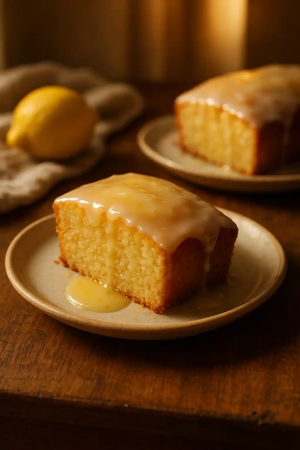 Lemon Cake to Die For: Cozy, Zesty Family Dessert 1 Slice of Lemon Cake to Die For with glossy lemon glaze on a simple plate, warm kitchen setting