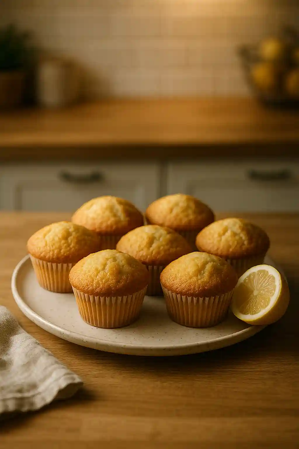 Easy Lemon Muffins for Bright Everyday Baking 1 Close up of homemade Lemon Muffins on a plate, golden tops and light glaze, bright and comforting lemon flavor