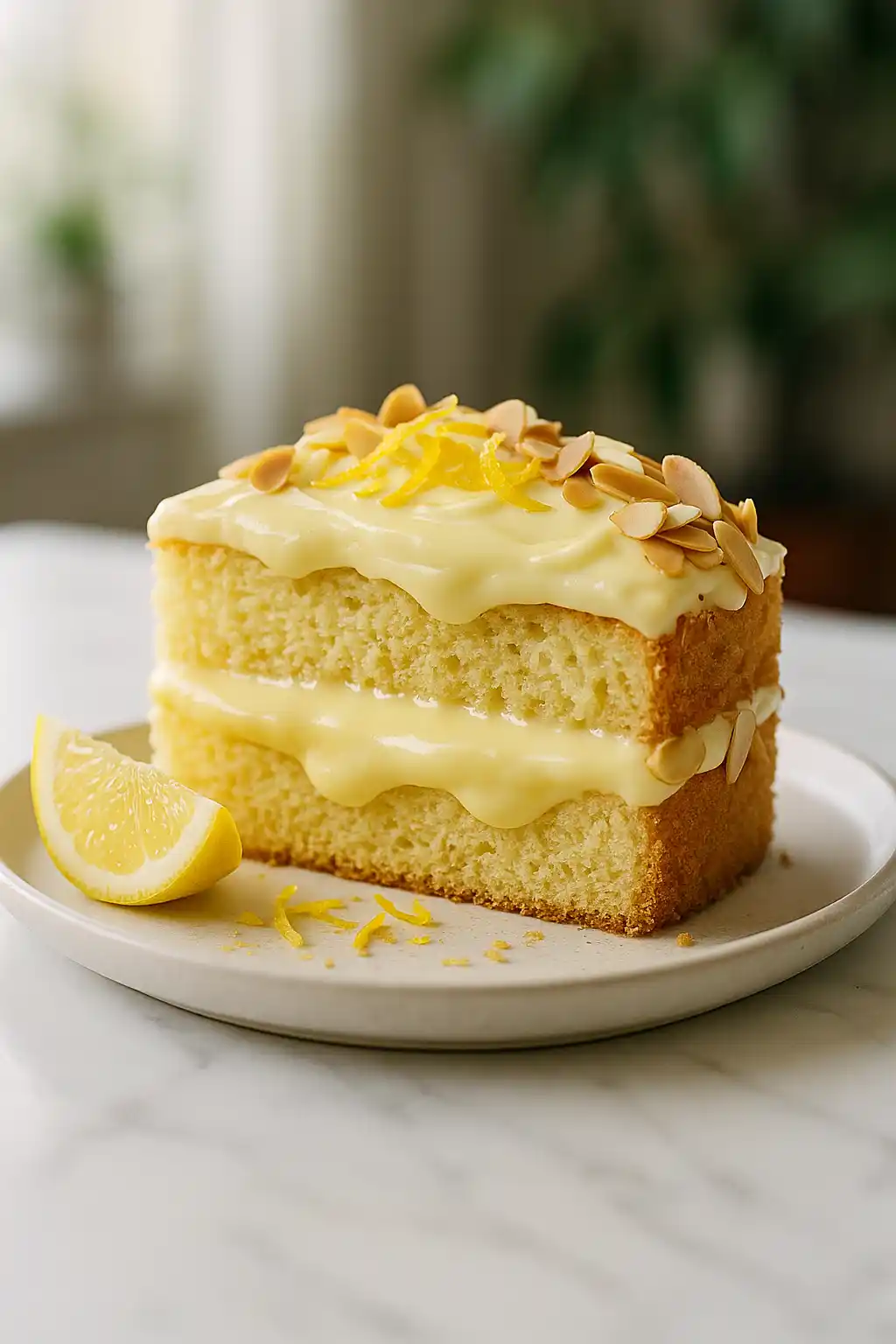 Italian Lemon Cream Cake That Melts in Your Mouth 1 Italian Lemon Cream Cake with toasted almonds and fresh lemon zest on a marble surface