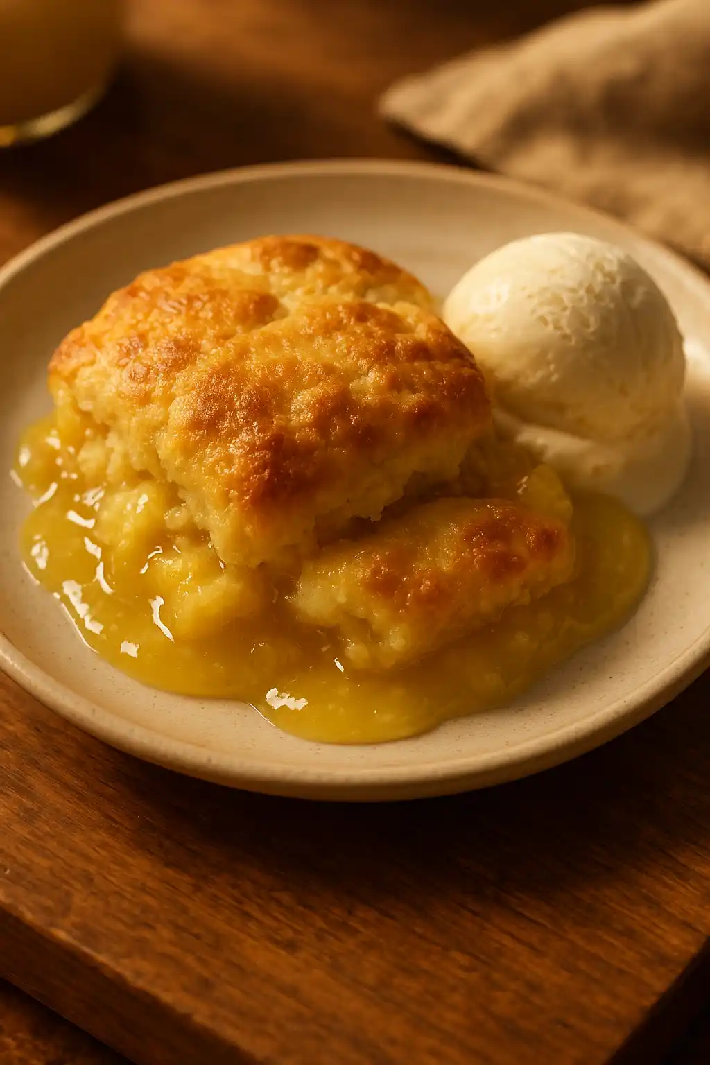 Cozy Lemon Cobbler: Simple Family-Friendly Dessert 1 Lemon Cobbler with golden topping and melting vanilla ice cream, a cozy home dessert