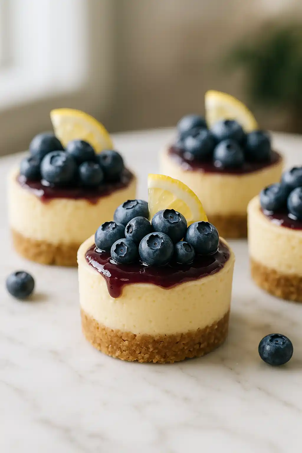 Mini Lemon Blueberry Cheesecakes That Burst with Sunshine 1 Mini Lemon Blueberry Cheesecakes on a marble platter, bright lemon zest and fresh blueberries, bright and fresh dessert featuring Mini Lemon Blueberry Cheesecakes