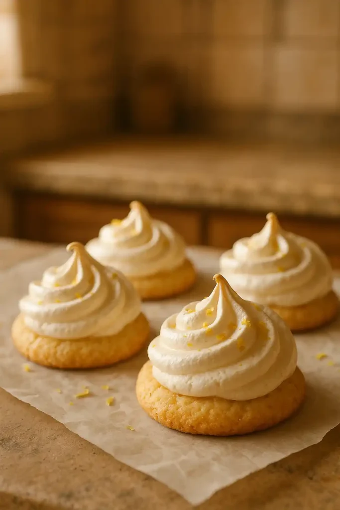 Plate of crisp Lemon Meringues with bright lemon zest, cozy kitchen vibe