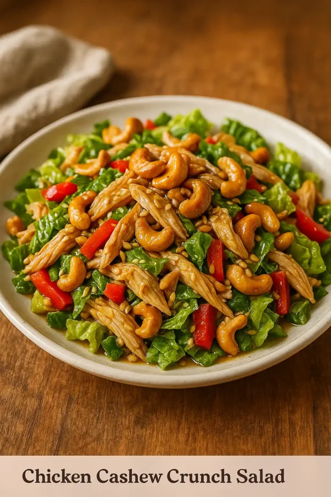 Chicken Cashew Crunch Salad with toasted cashews and shredded chicken, cozy home-kitchen presentation