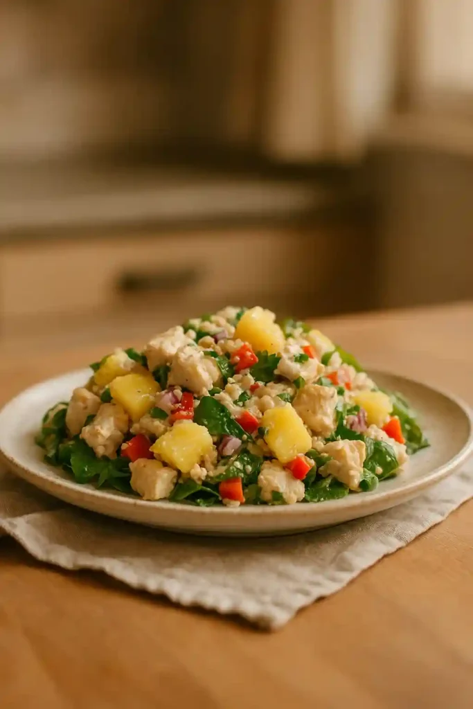 Close-up of Hawaiian Chicken Salad with pineapple, celery, and creamy dressing, showcasing fresh textures and bright colors