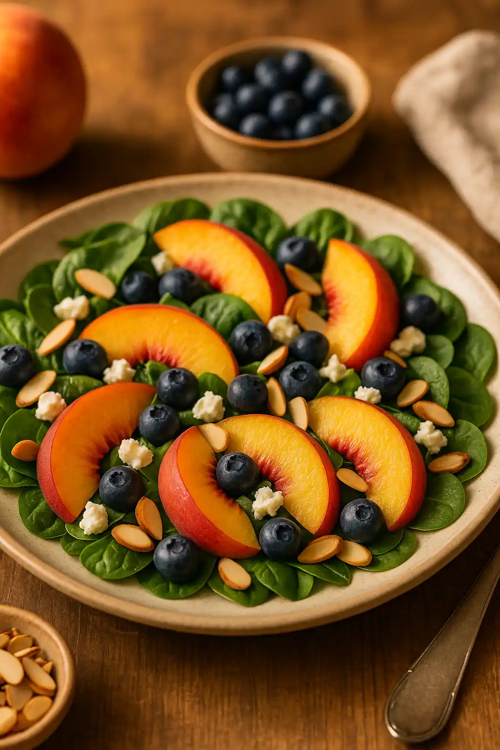 Blueberry Peach Feta Salad, Bright Summer Salad for Families 1 Blueberry Peach Feta Salad with peaches, blueberries, crumbled feta, and toasted almonds in a warm kitchen setting