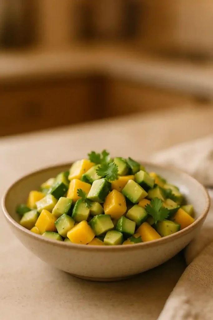 Close-up of Mango Cucumber Avocado Salad with lime dressing, bright and fresh