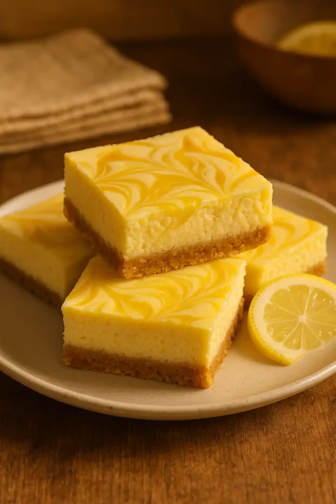 Close-up of Lemon Marbled Cheesecake Bars with bright lemon swirls and buttery graham crust, a cozy home-style dessert