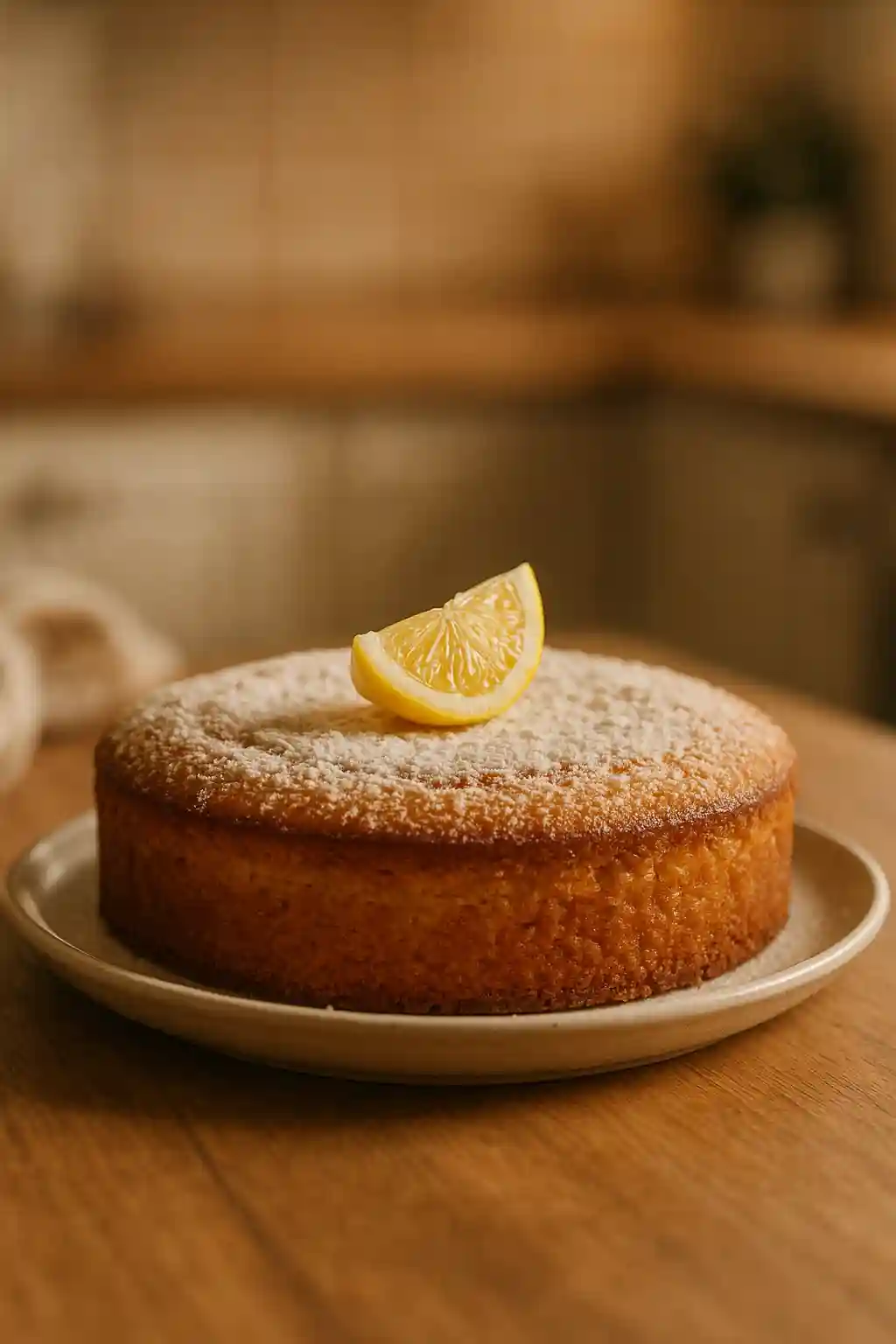 Slice of Lemon Greek Cake on a plate, tender crumb and bright lemon zest visible