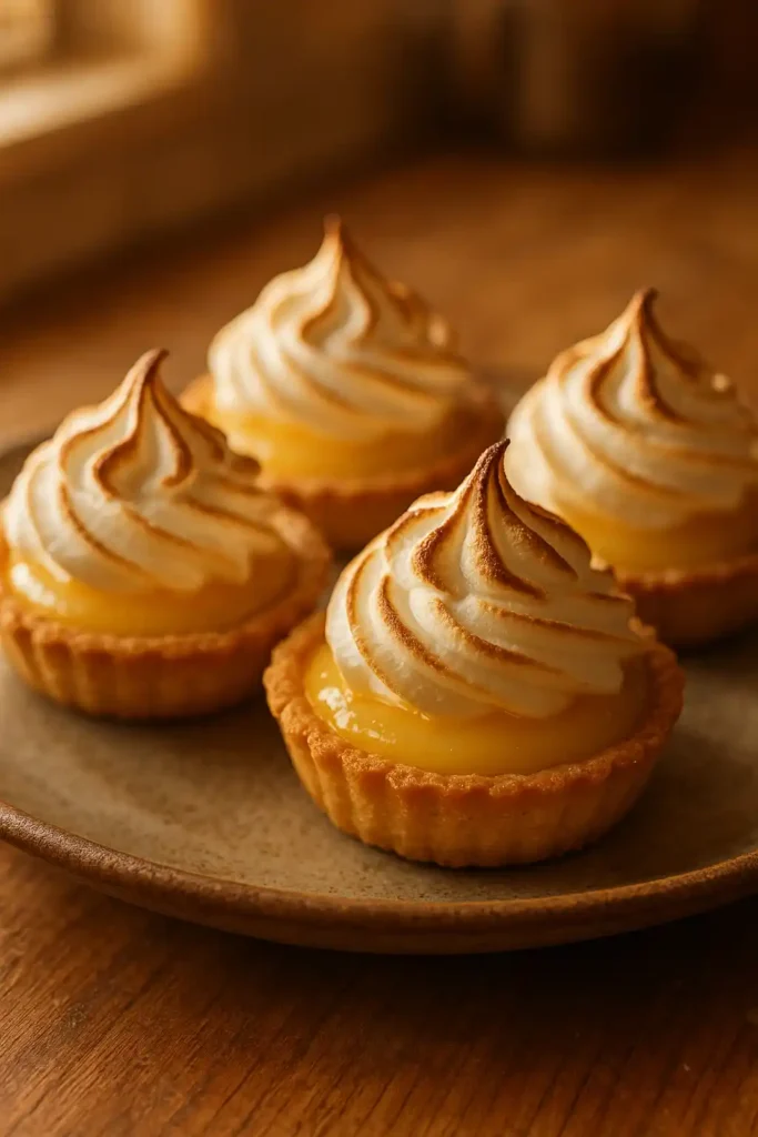 Plate of Lemon Meringue Tartlets with glossy lemon curd and toasted meringue in warm kitchen lighting