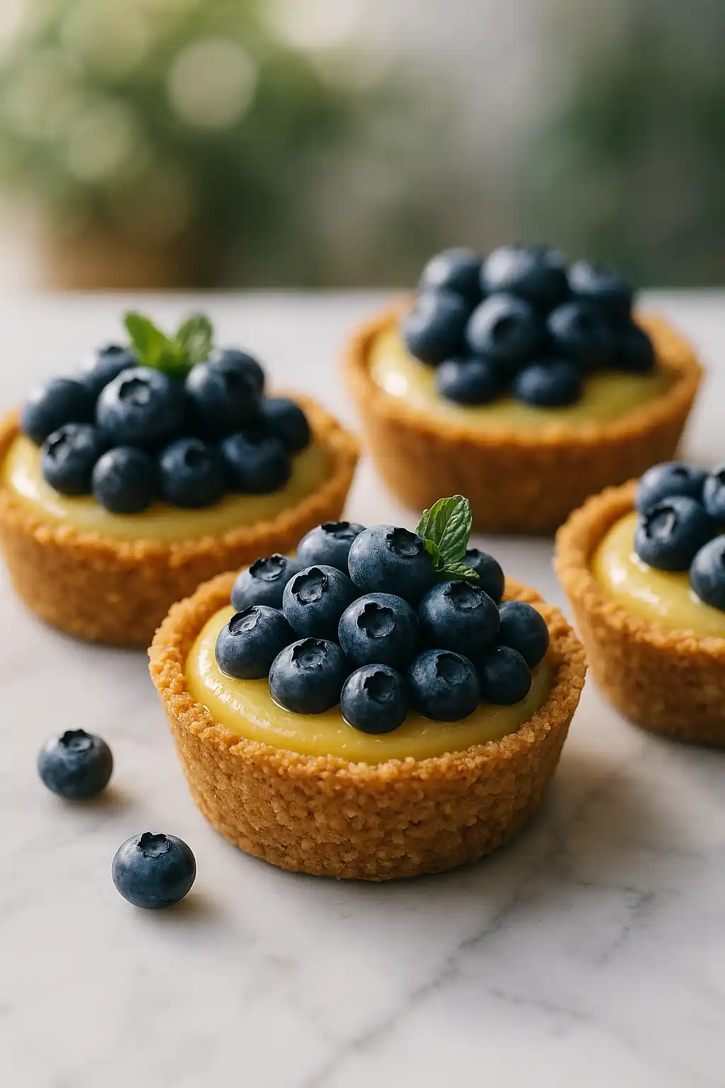 Mini Lemon Blueberry Tarts on a marble board, bright lemon curd and glossy blueberries, Mini Lemon Blueberry Tarts plated for brunch.