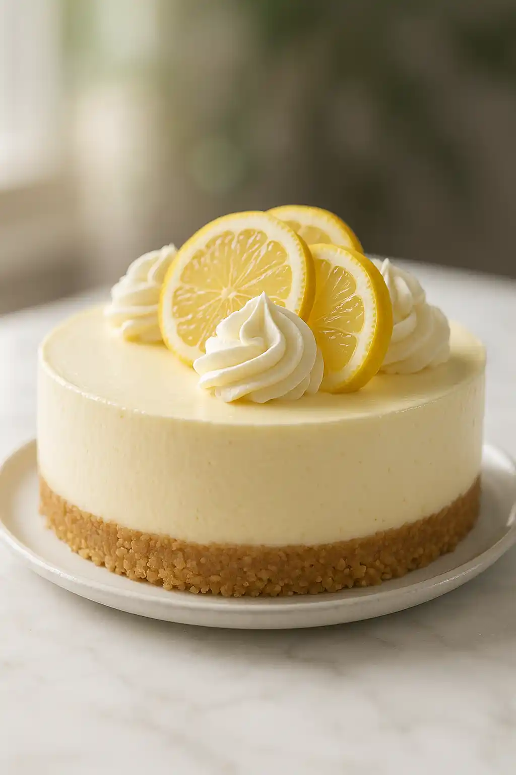No-Bake Lemon Cheesecake on a marble plate with glossy lemon topping, bright and silky dessert