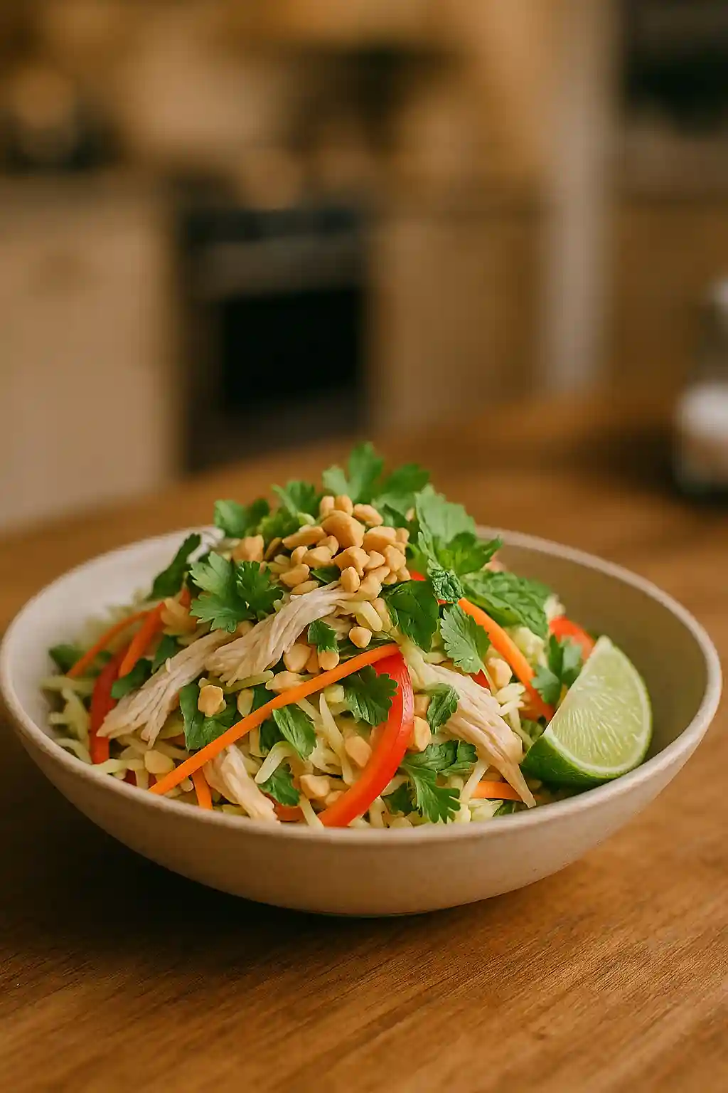Easy Thai Chicken Salad for Everyday Meals 1 Bright Thai Chicken Salad with shredded chicken, cabbage, herbs, and peanuts