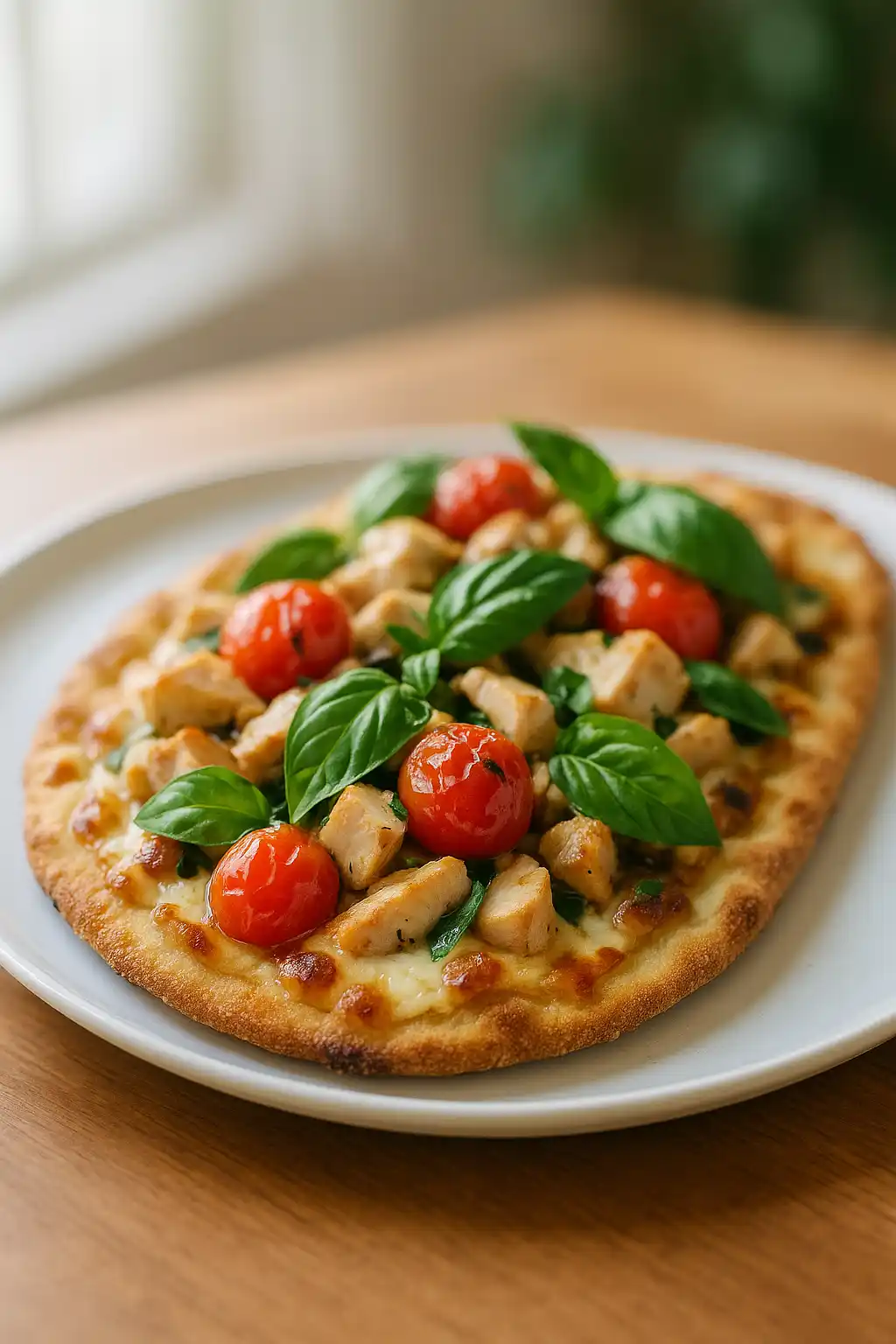 Chicken Caprese Flatbread That Steals the Show 1 Chicken Caprese Flatbread with blistered cherry tomatoes, melted mozzarella, and fresh basil
