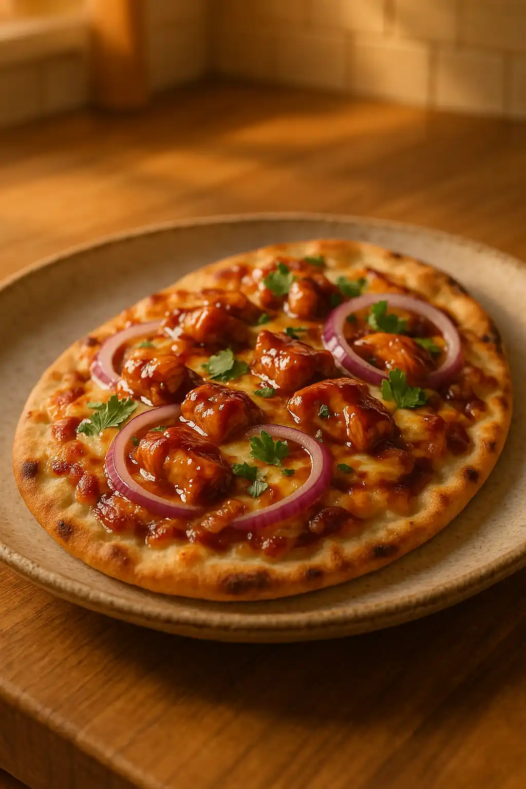 BBQ Chicken Flatbread Recipe for Busy Weeknights 1 BBQ Chicken Flatbread fresh from the oven with melty cheese and cilantro, a cozy family meal idea