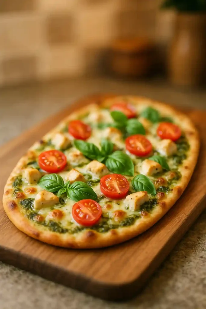 Pesto Chicken Flatbread with melted cheese and fresh basil, warm and inviting, Pesto Chicken Flatbread