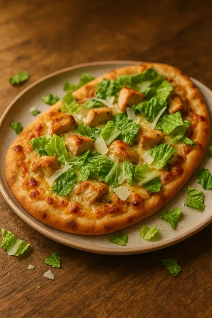Cozy plated Chicken Caesar Flatbread with melted cheese and fresh Romaine, warm kitchen lighting