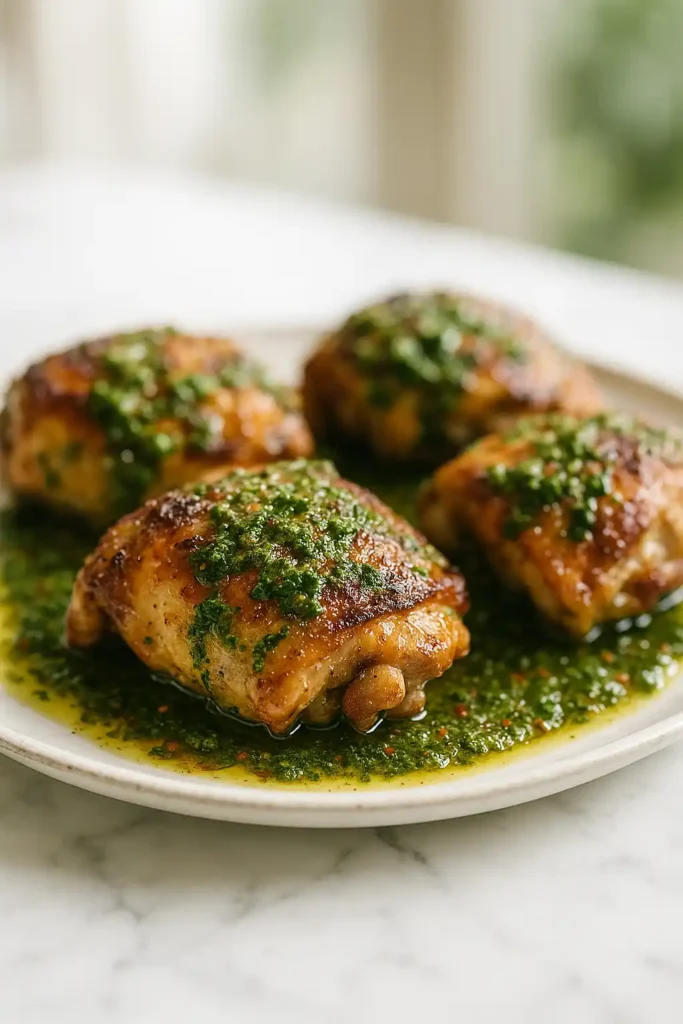 Herby Chimichurri Chicken Thighs with glossy green sauce and crispy skin
